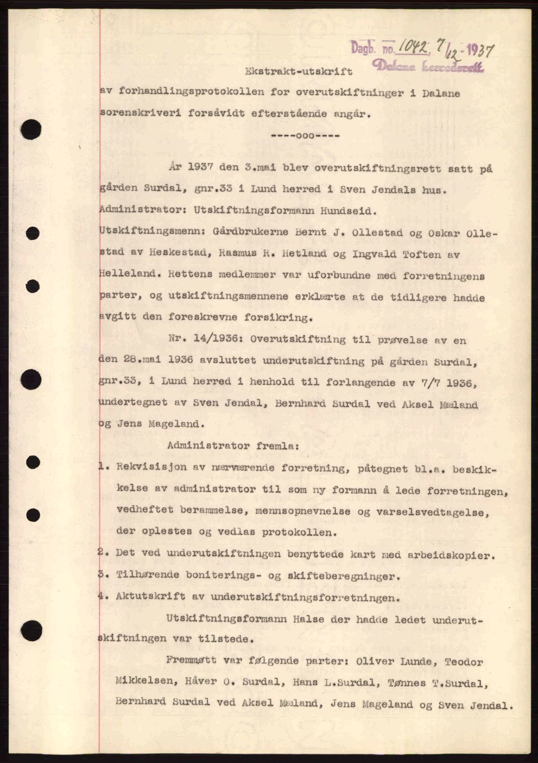 Dalane sorenskriveri, SAST/A-100309/02/G/Gb/L0041: Pantebok nr. A2, 1936-1937, Dagboknr: 1042/1937