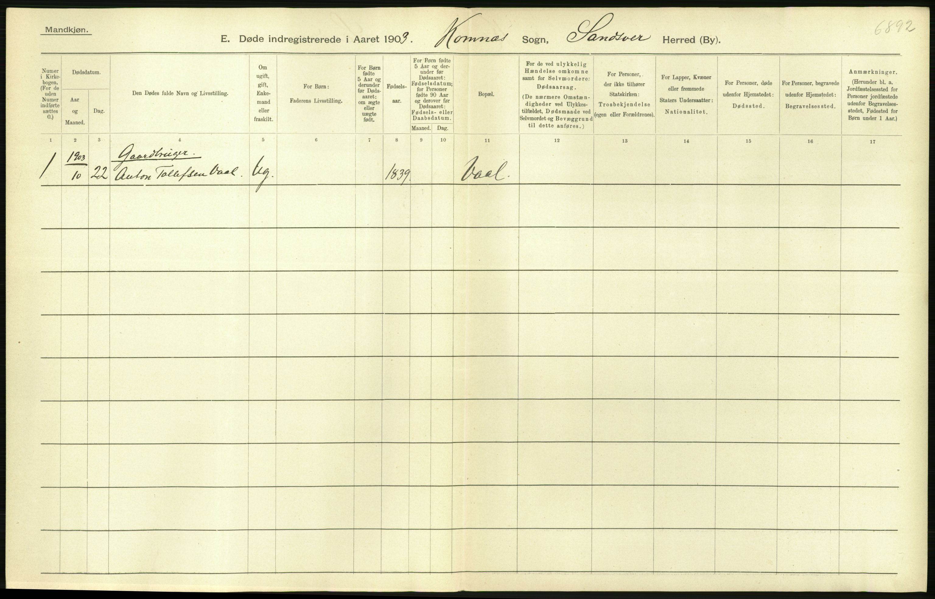 Statistisk sentralbyrå, Sosiodemografiske emner, Befolkning, AV/RA-S-2228/D/Df/Dfa/Dfaa/L0007: Buskeruds amt: Fødte, gifte, døde, 1903, s. 566