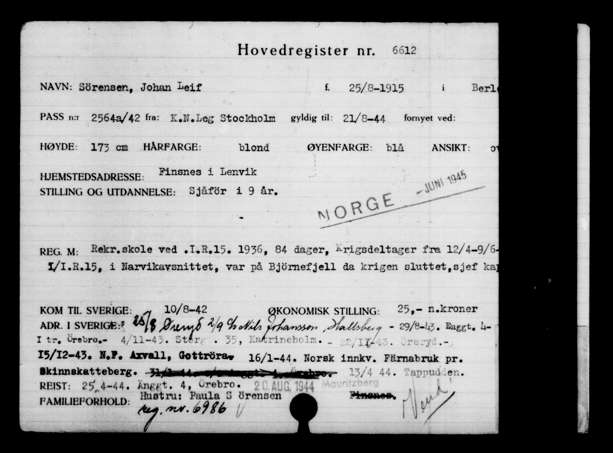 Utenriksstasjonene, Legasjonen i Stockholm, Flyktningkontoret, AV/RA-S-6753/V/Va/L0005: Kjesäterkartoteket, flyktning nr. 6600-9417, 1940-1945, s. 16