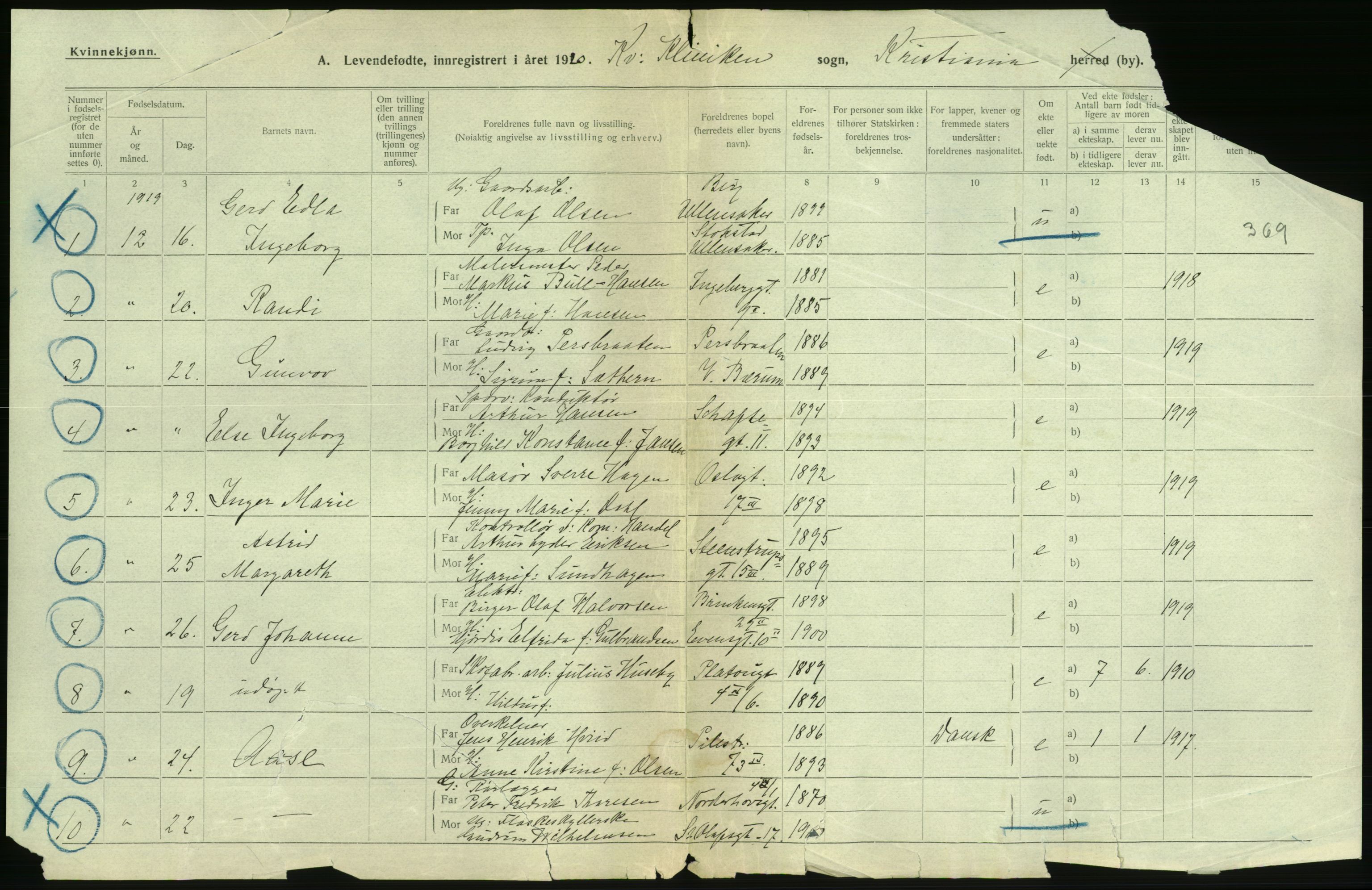 Statistisk sentralbyrå, Sosiodemografiske emner, Befolkning, RA/S-2228/D/Df/Dfb/Dfbj/L0008: Kristiania: Levendefødte menn og kvinner., 1920, s. 526