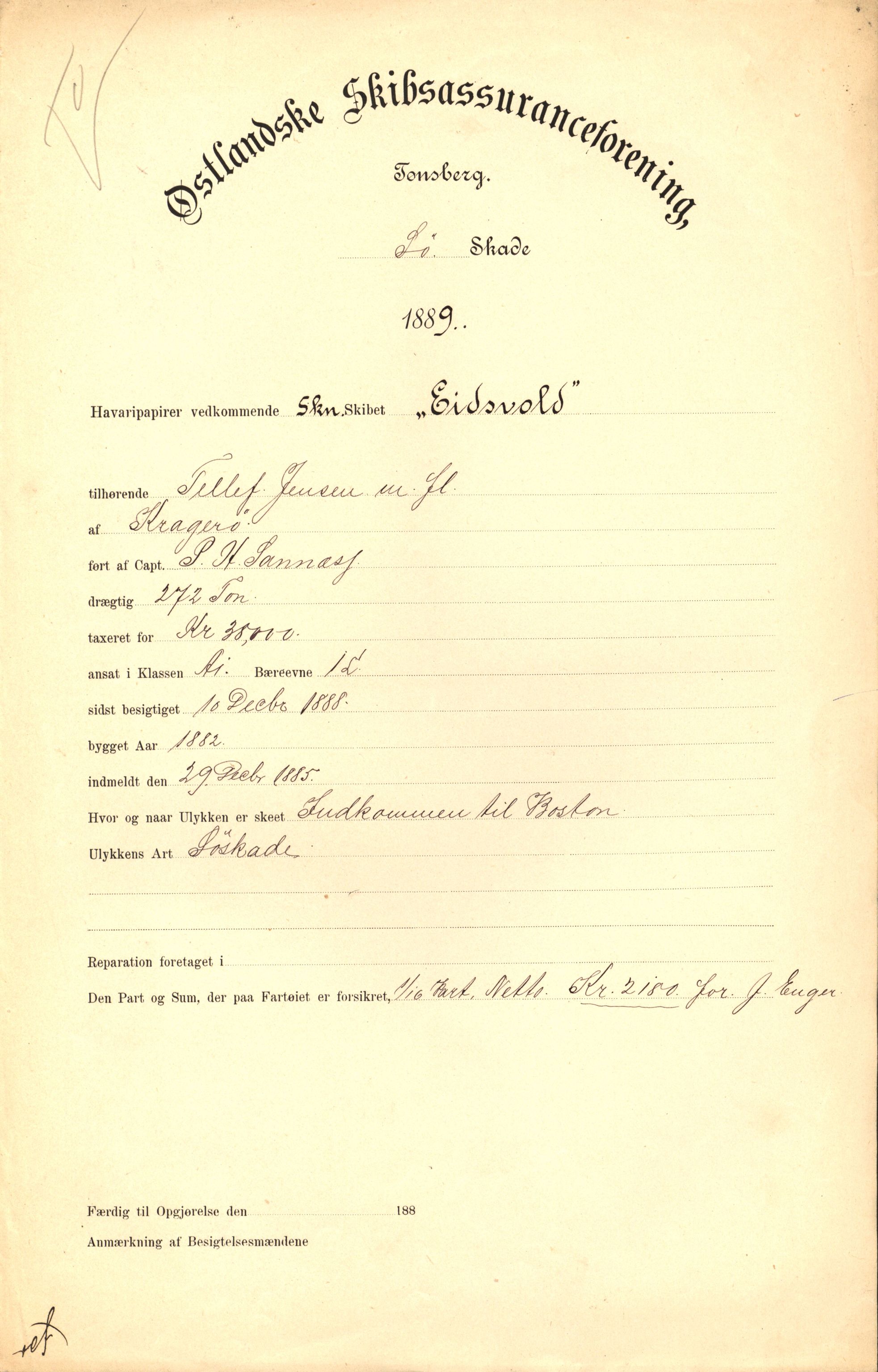 Pa 63 - Østlandske skibsassuranceforening, VEMU/A-1079/G/Ga/L0023/0010: Havaridokumenter / Johannes Rød, Deodata, Eidsvold, Bothnia, Brillant, 1889, s. 33