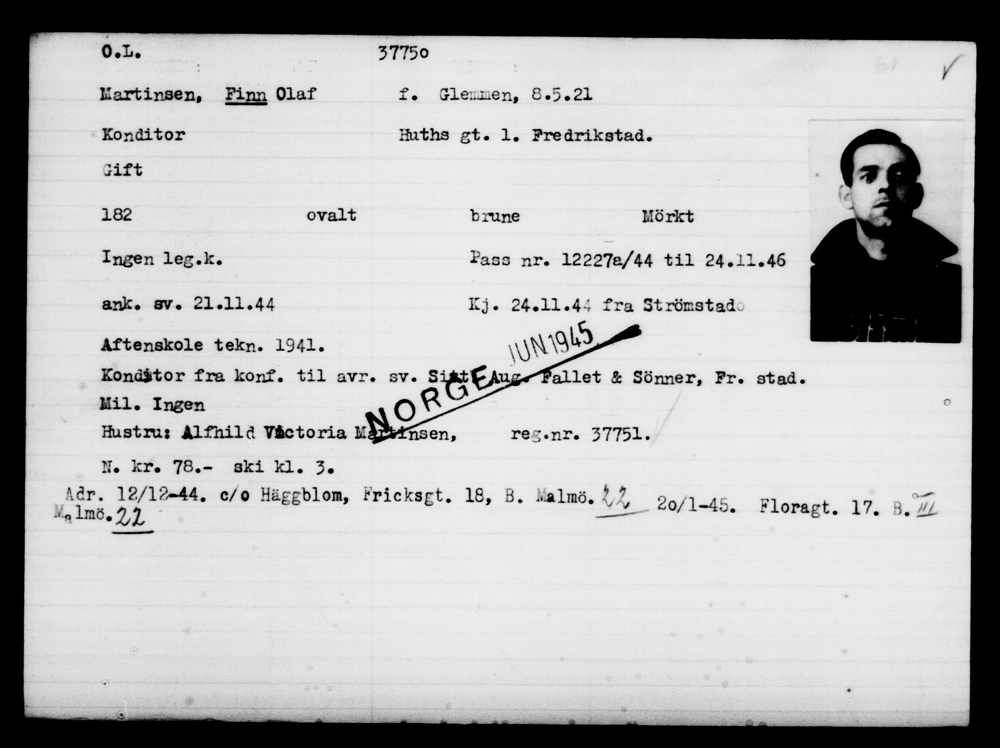 Utenriksstasjonene, Legasjonen i Stockholm, Flyktningkontoret, AV/RA-S-6753/V/Va/L0014: Kjesäterkartoteket, flyktninger med registreringsnr. 34700-37855, 1940-1945, s. 3214