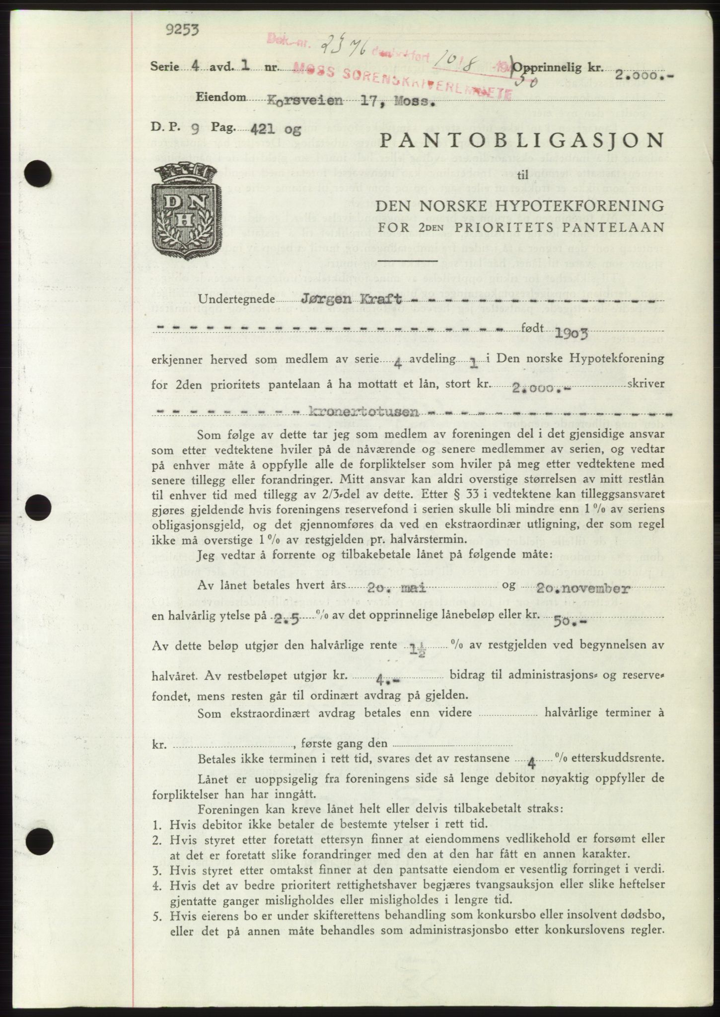 Moss sorenskriveri, SAO/A-10168: Pantebok nr. B25, 1950-1950, Dagboknr: 2376/1950