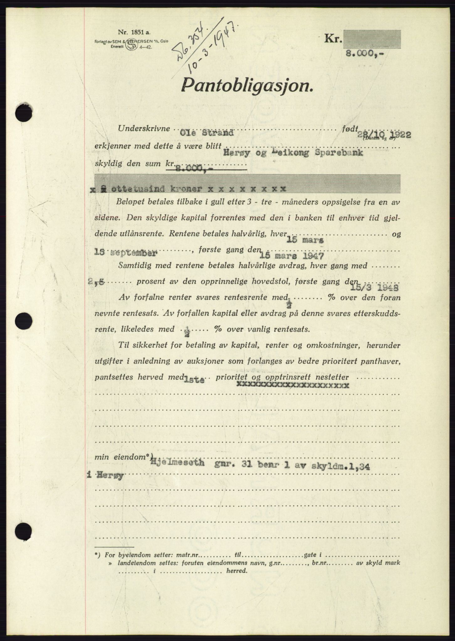 Søre Sunnmøre sorenskriveri, AV/SAT-A-4122/1/2/2C/L0114: Pantebok nr. 1-2B, 1943-1947, Dagboknr: 354/1947