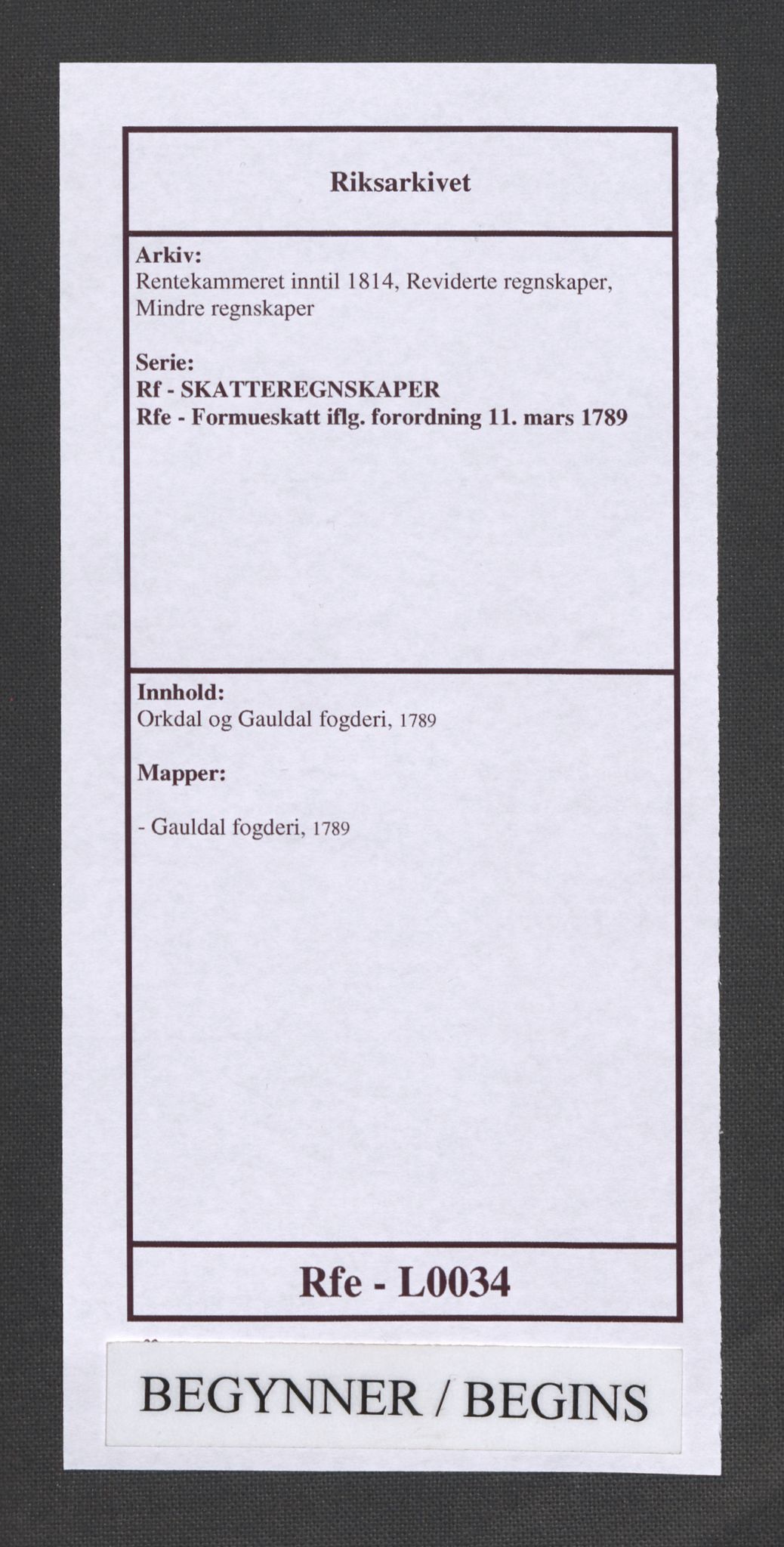 Rentekammeret inntil 1814, Reviderte regnskaper, Mindre regnskaper, RA/EA-4068/Rf/Rfe/L0034: Orkdal og Gauldal fogderi, 1789, s. 1