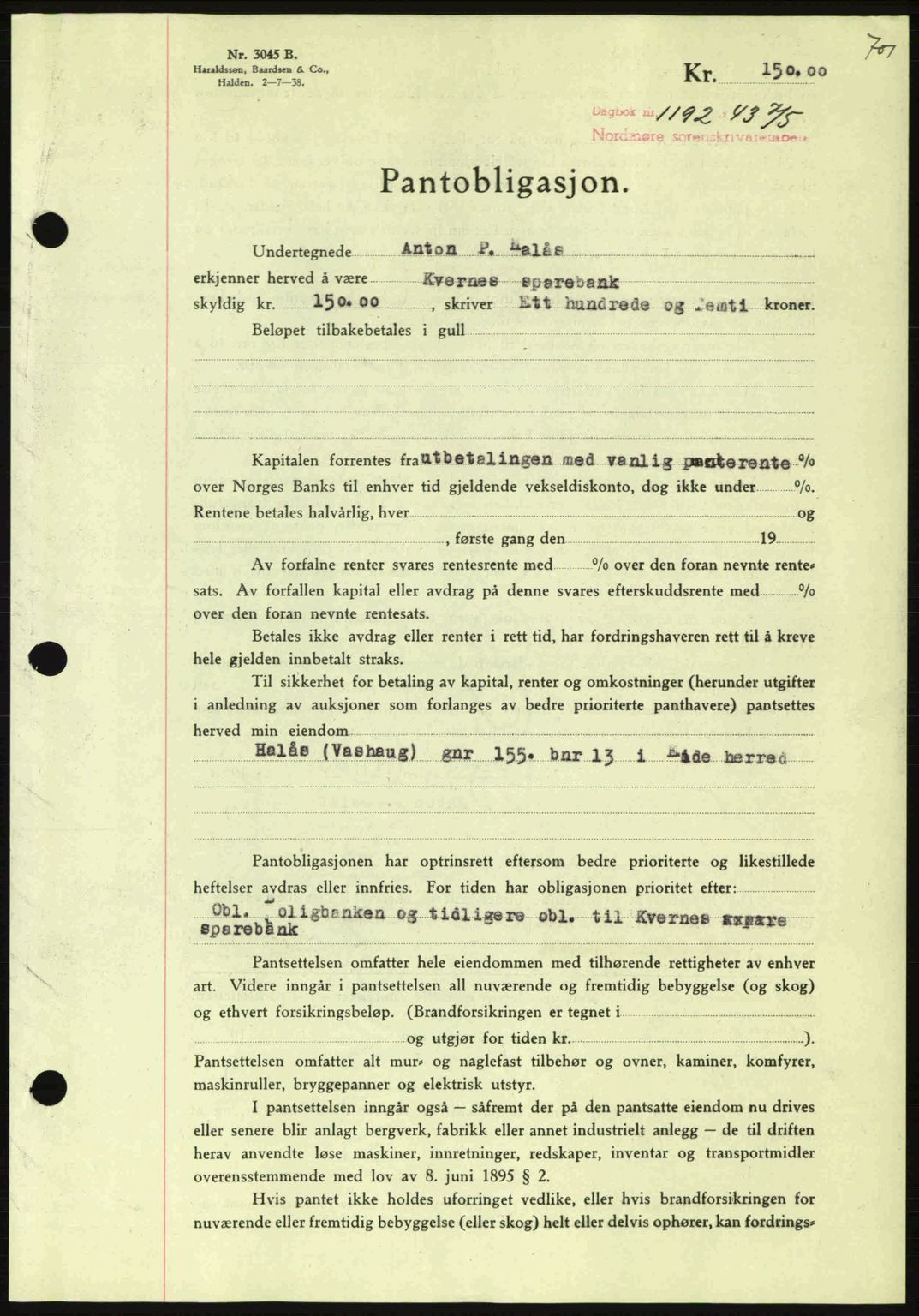 Nordmøre sorenskriveri, SAT/A-4132/1/2/2Ca: Pantebok nr. B90, 1942-1943, Dagboknr: 1192/1943