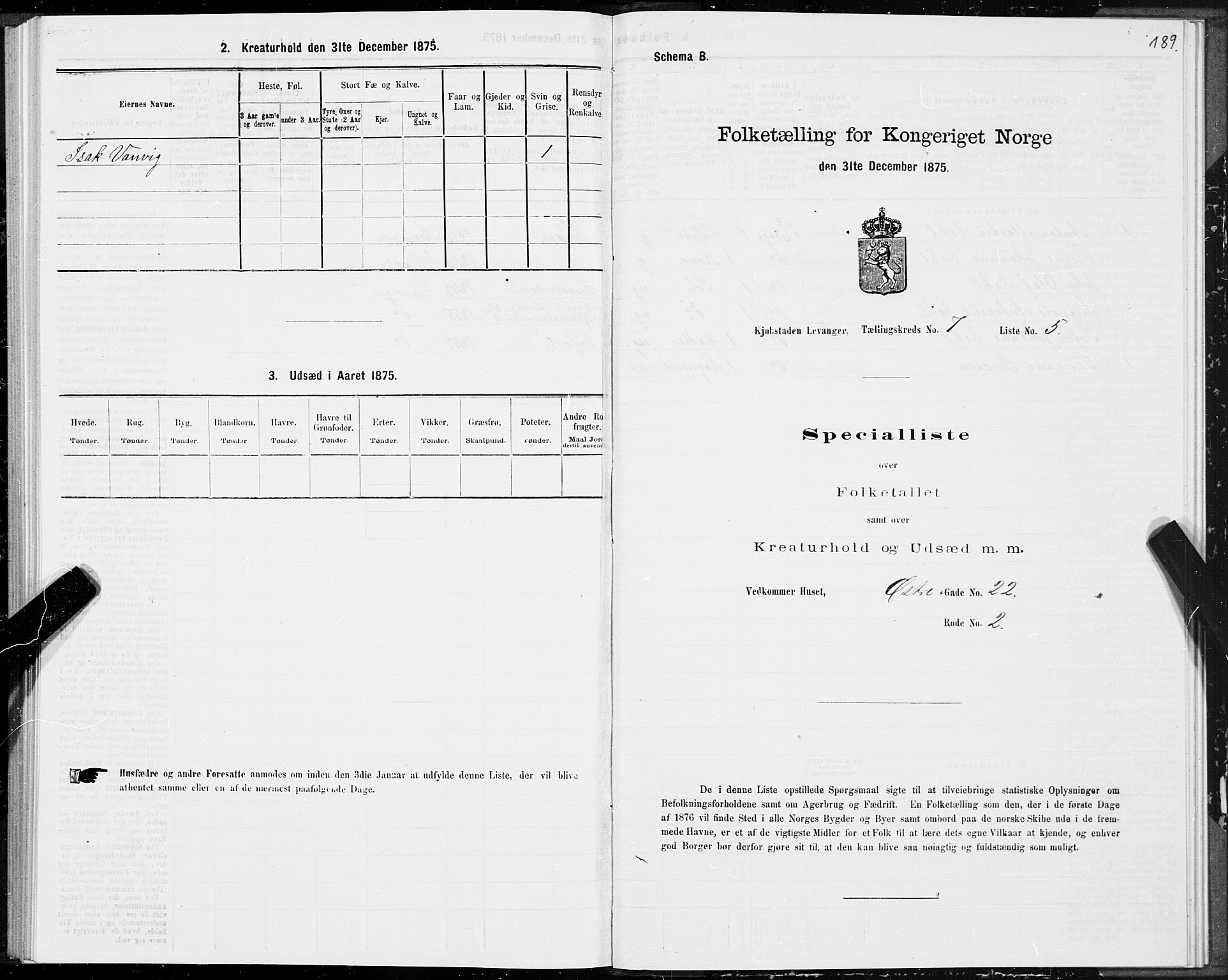 SAT, Folketelling 1875 for 1701B Levanger prestegjeld, Levanger kjøpstad, 1875, s. 189