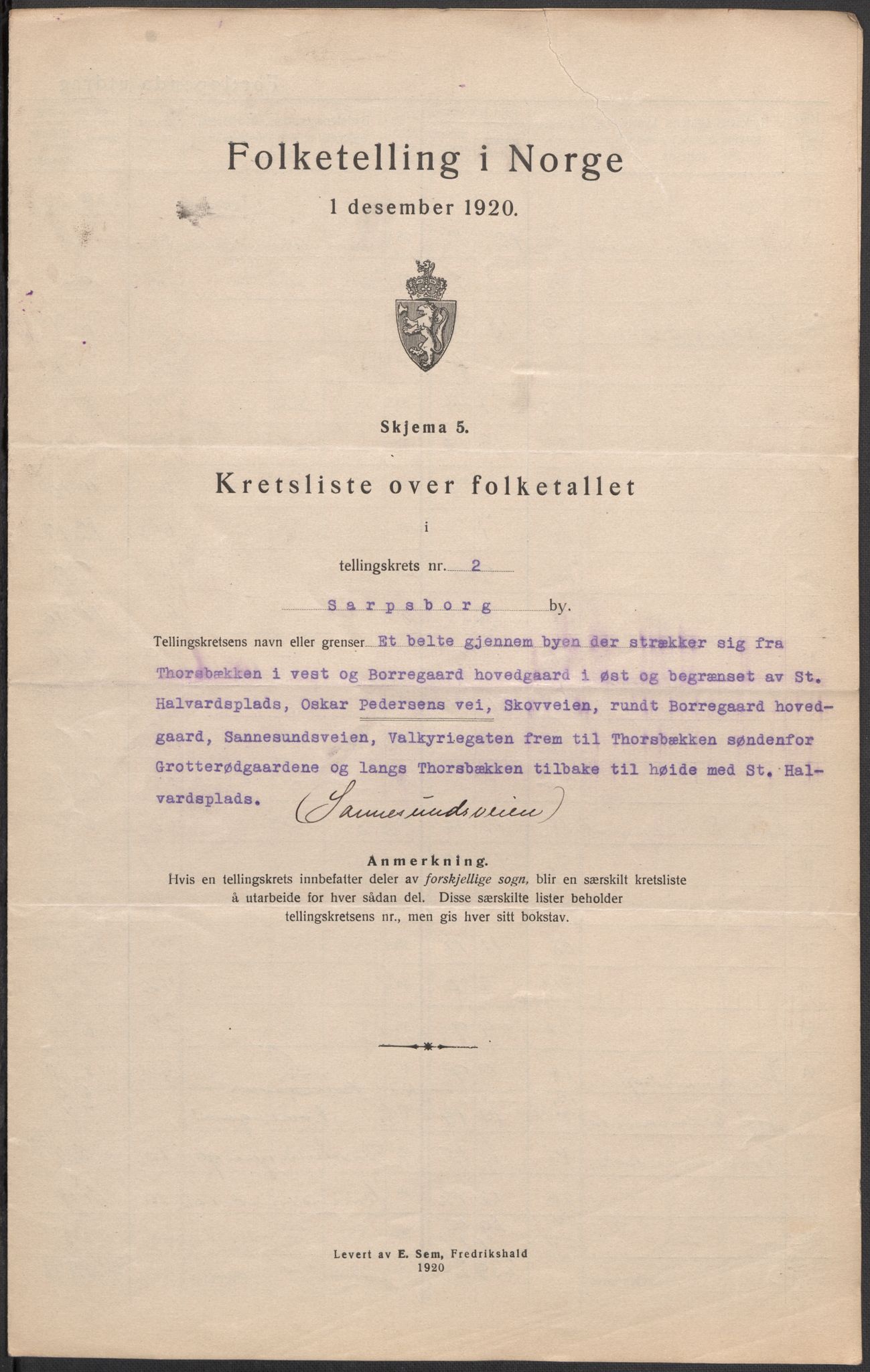 SAO, Folketelling 1920 for 0102 Sarpsborg kjøpstad, 1920, s. 7