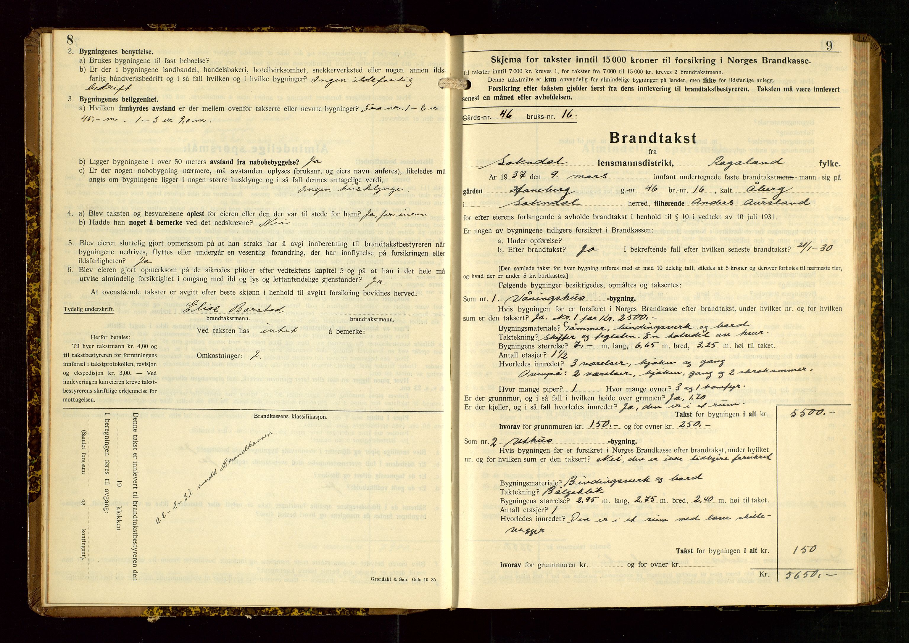 Sokndal lensmannskontor, AV/SAST-A-100417/Gob/L0008: "Brandtakst-Protokoll", 1937-1955, s. 8-9