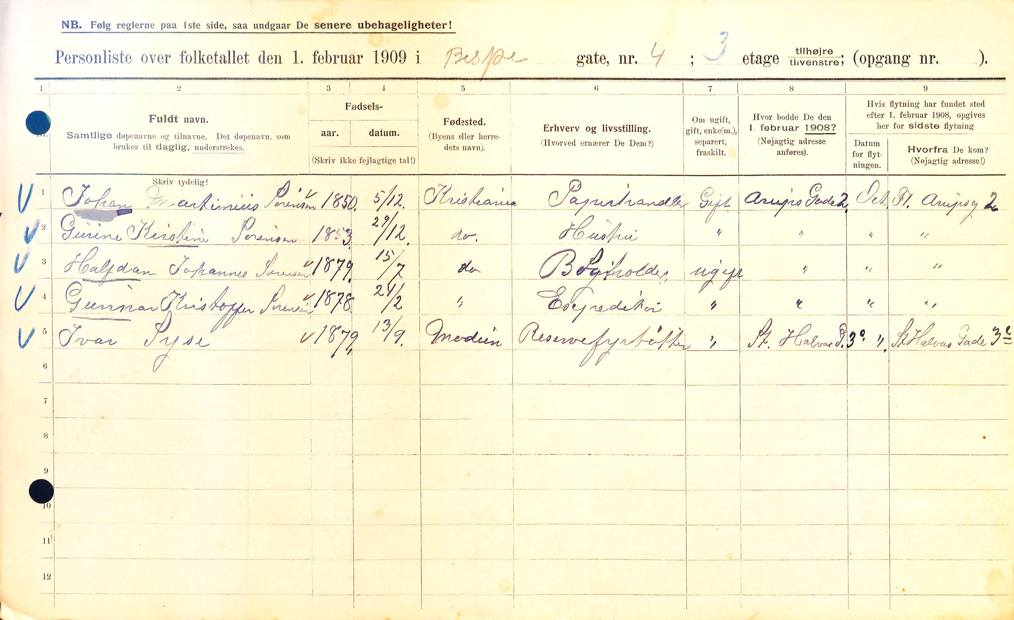 OBA, Kommunal folketelling 1.2.1909 for Kristiania kjøpstad, 1909, s. 4822