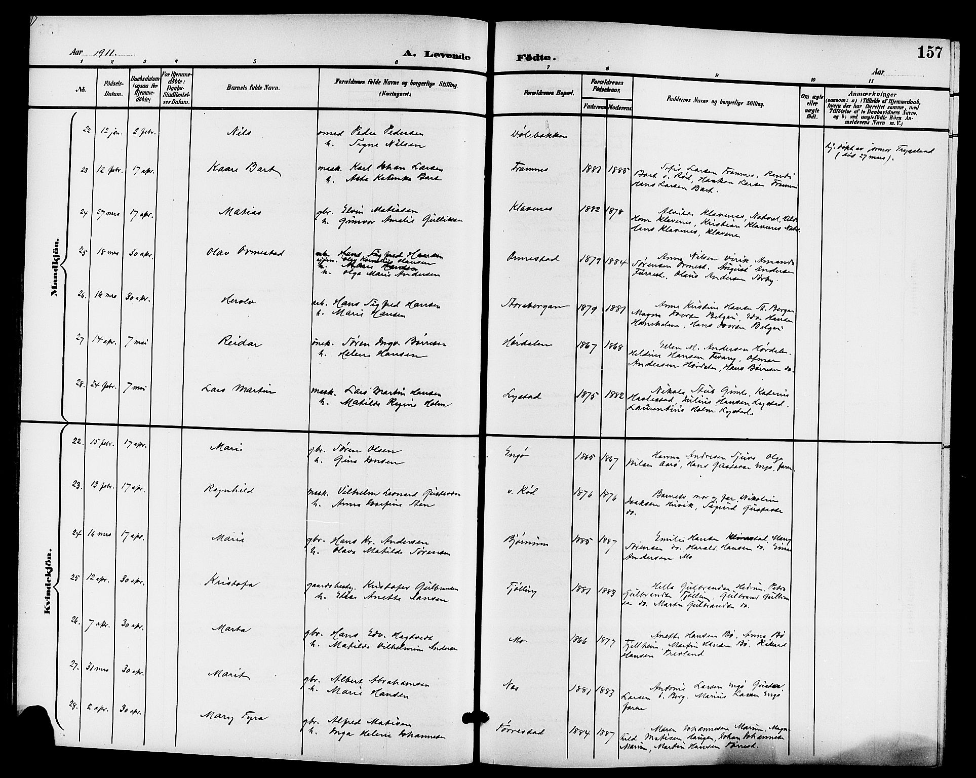 Sandar kirkebøker, AV/SAKO-A-243/G/Ga/L0002: Klokkerbok nr. 2, 1900-1915, s. 157