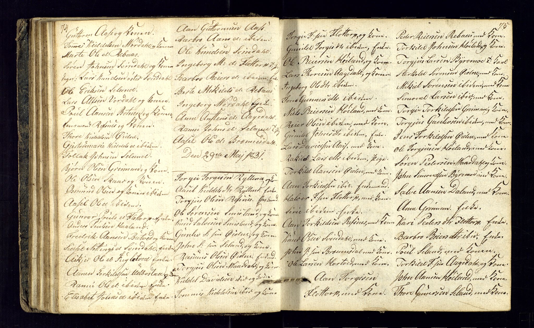 Bjelland sokneprestkontor, AV/SAK-1111-0005/F/Fc/Fcc/L0001: Kommunikantprotokoll nr. C-1, 1825-1842, s. 74-75