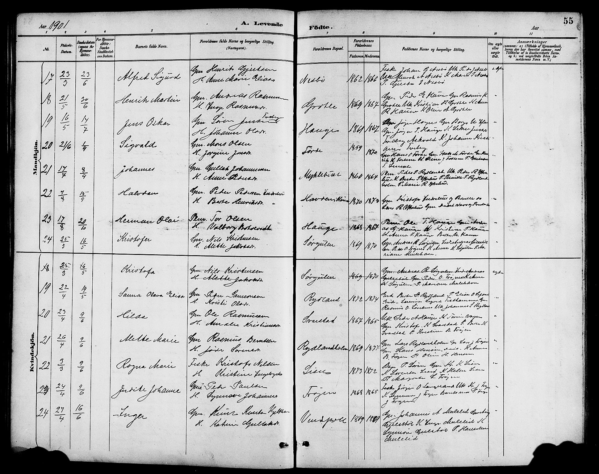Bremanger sokneprestembete, AV/SAB-A-82201/H/Hab/Haba/L0003: Klokkerbok nr. A 3, 1890-1908, s. 55