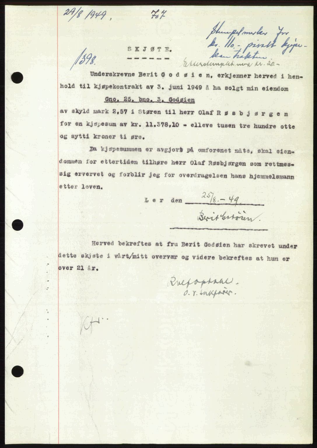 Gauldal sorenskriveri, SAT/A-0014/1/2/2C: Pantebok nr. A8, 1949-1949, Dagboknr: 1398/1949
