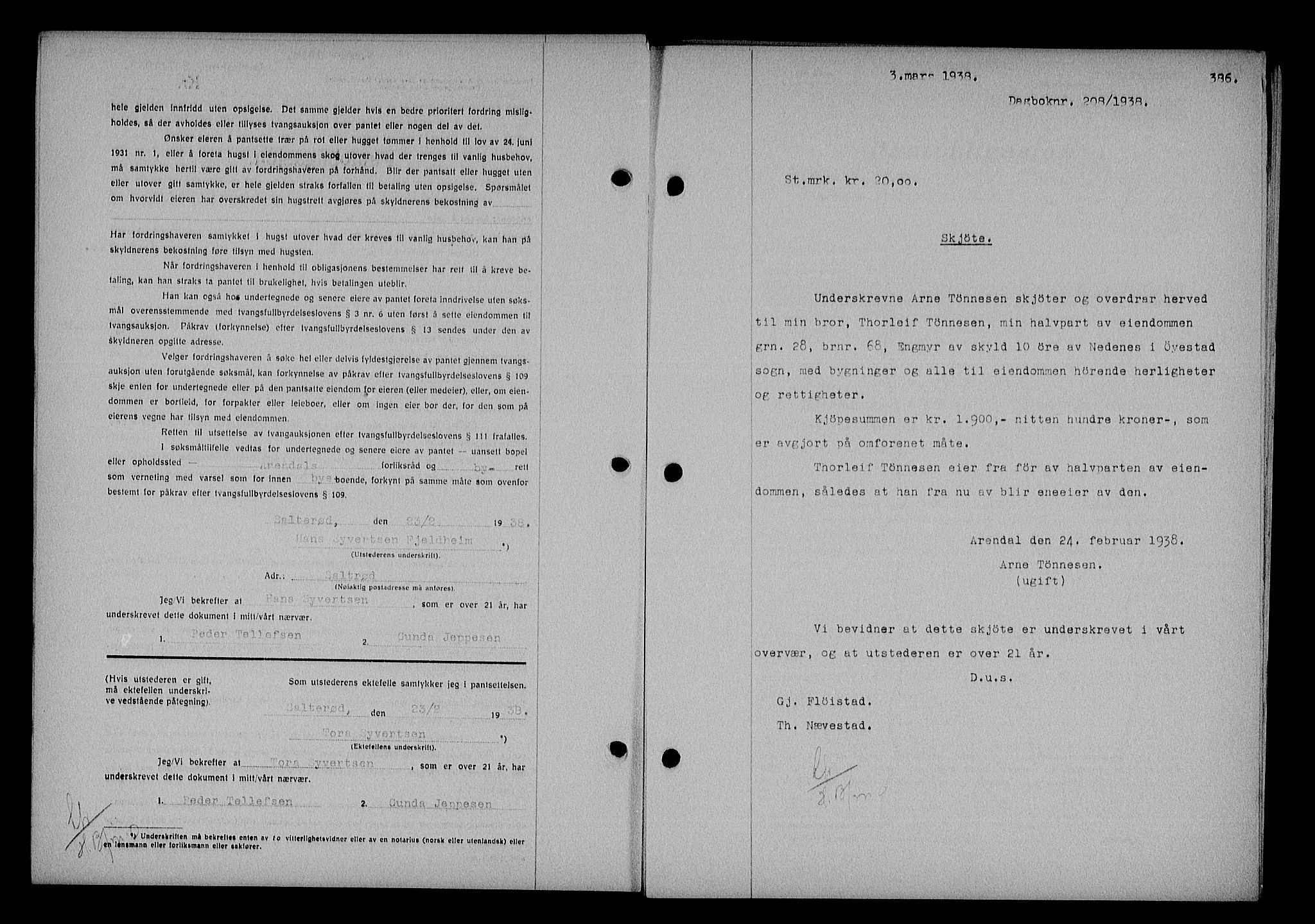 Nedenes sorenskriveri, SAK/1221-0006/G/Gb/Gba/L0044: Pantebok nr. 40, 1937-1938, Dagboknr: 208/1938