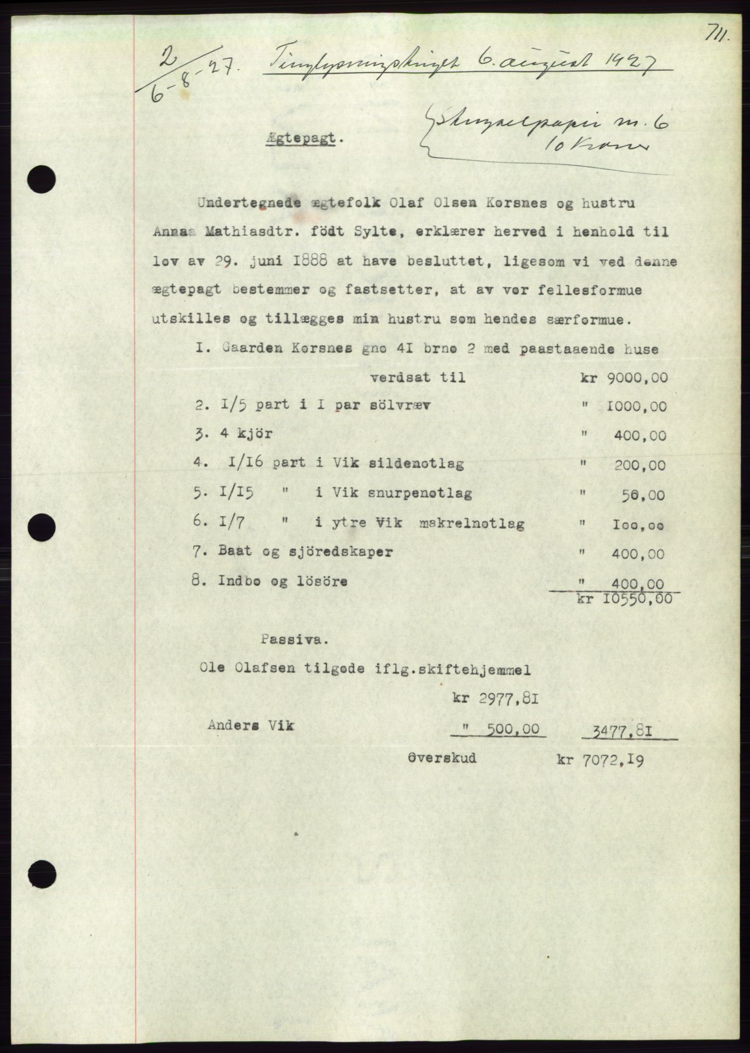 Søre Sunnmøre sorenskriveri, SAT/A-4122/1/2/2C/L0046: Pantebok nr. 40, 1927-1927, Tingl.dato: 06.08.1927