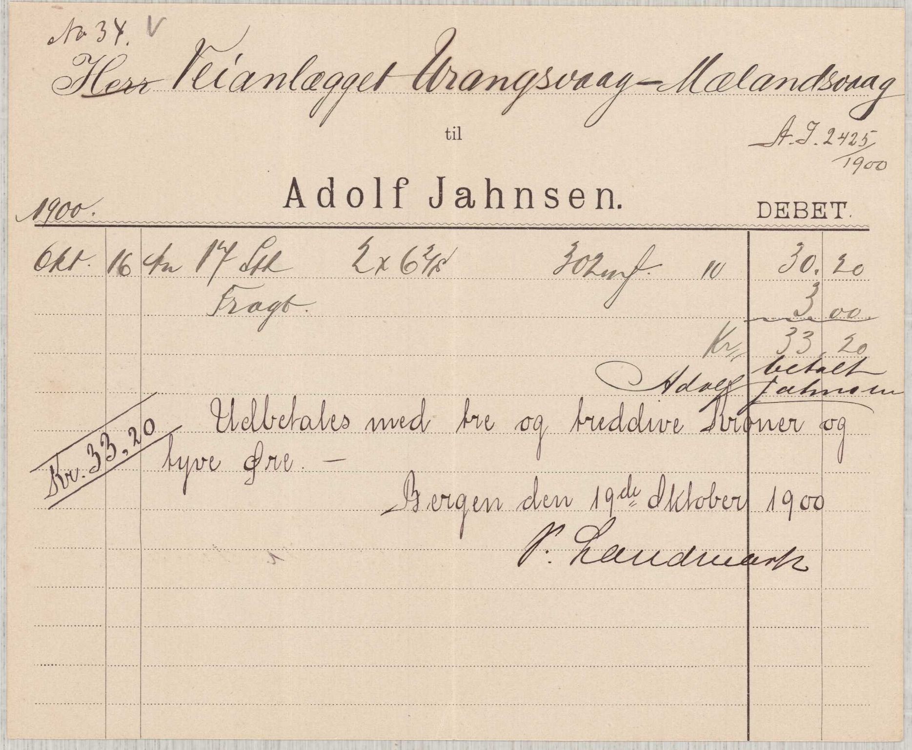 Finnaas kommune. Formannskapet, IKAH/1218a-021/E/Ea/L0002/0001: Rekneskap for veganlegg / Rekneskap for veganlegget Urangsvåg - Mælandsvåg, 1898-1900, s. 181