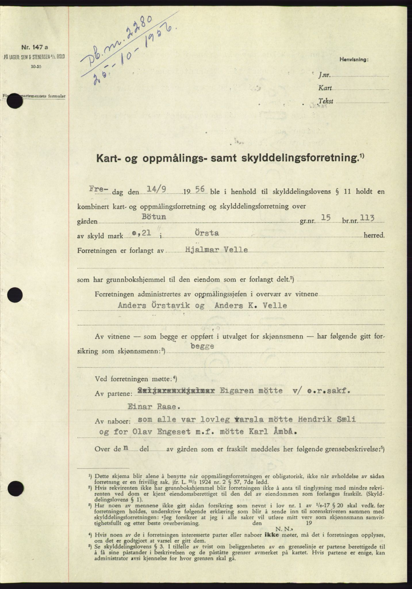 Søre Sunnmøre sorenskriveri, AV/SAT-A-4122/1/2/2C/L0104: Pantebok nr. 30A, 1956-1956, Dagboknr: 2280/1956