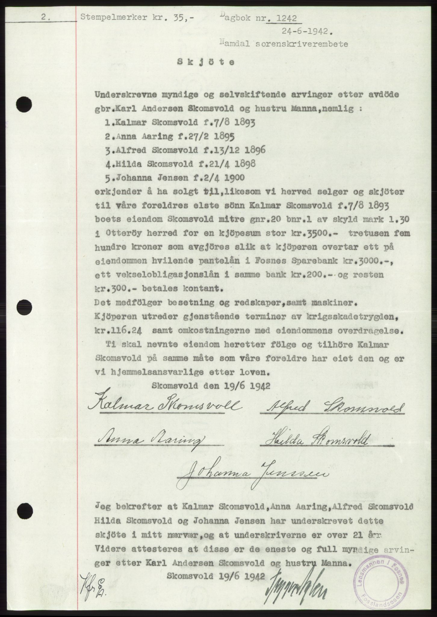 Namdal sorenskriveri, SAT/A-4133/1/2/2C: Pantebok nr. -, 1941-1942, Dagboknr: 1242/1942
