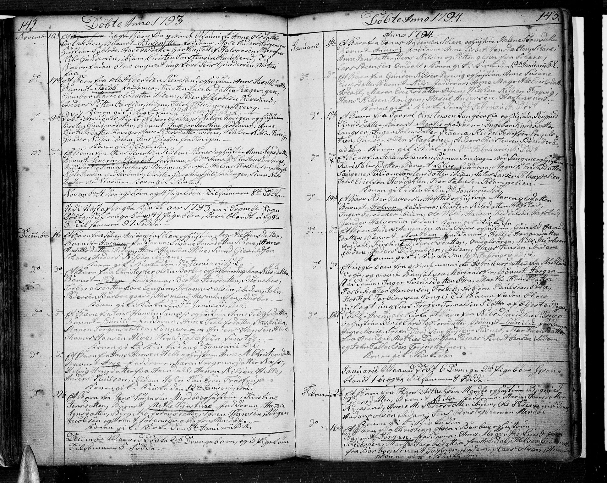 Tromøy sokneprestkontor, AV/SAK-1111-0041/F/Fa/L0002: Ministerialbok nr. A 2, 1773-1808, s. 142-143