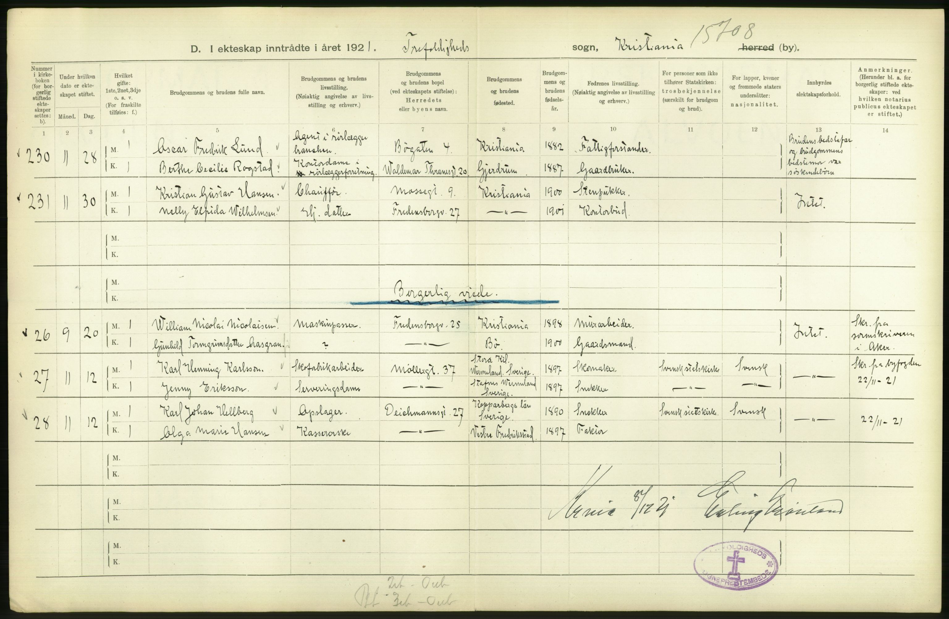 Statistisk sentralbyrå, Sosiodemografiske emner, Befolkning, AV/RA-S-2228/D/Df/Dfc/Dfca/L0011: Kristiania: Gifte, 1921, s. 56