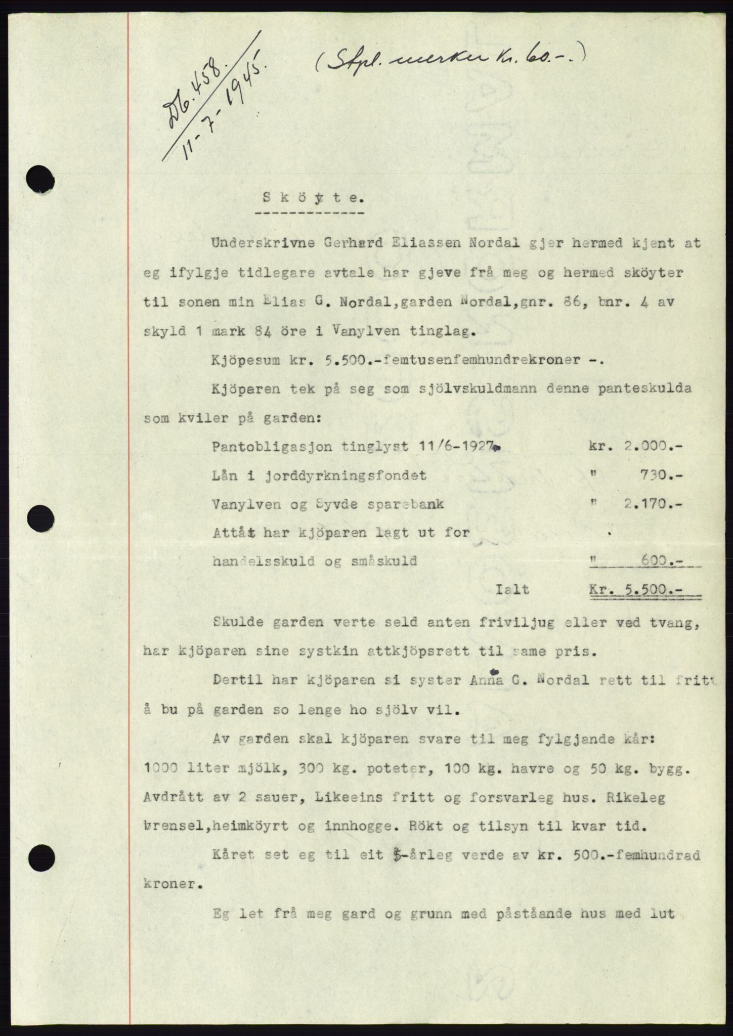 Søre Sunnmøre sorenskriveri, AV/SAT-A-4122/1/2/2C/L0077: Pantebok nr. 3A, 1945-1946, Dagboknr: 458/1945