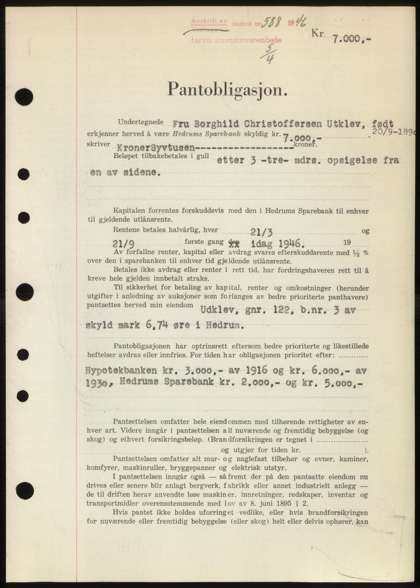 Larvik sorenskriveri, AV/SAKO-A-83/G/Ga/Gac/L0009b: Pantebok nr. B-9b, 1946-1946, Dagboknr: 588/1946