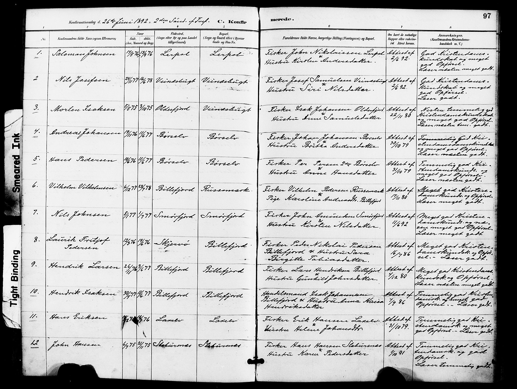 Kistrand/Porsanger sokneprestembete, AV/SATØ-S-1351/H/Ha/L0008.kirke: Ministerialbok nr. 8, 1890-1898, s. 97