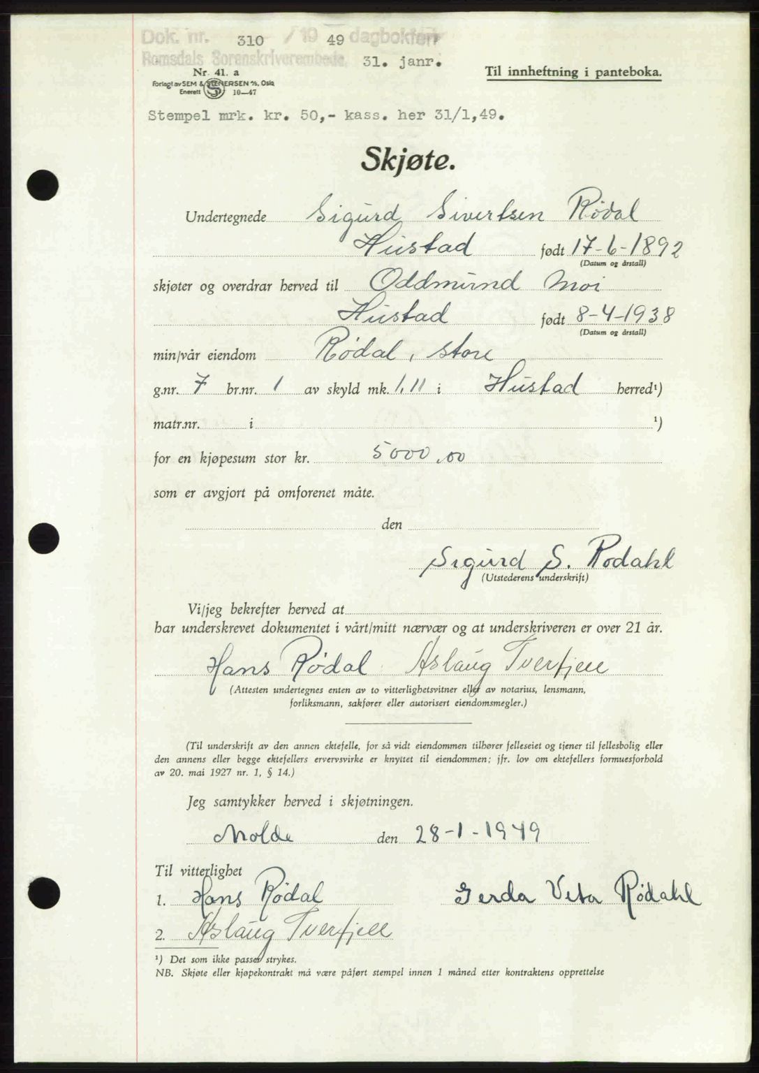 Romsdal sorenskriveri, AV/SAT-A-4149/1/2/2C: Pantebok nr. A28, 1948-1949, Dagboknr: 310/1949