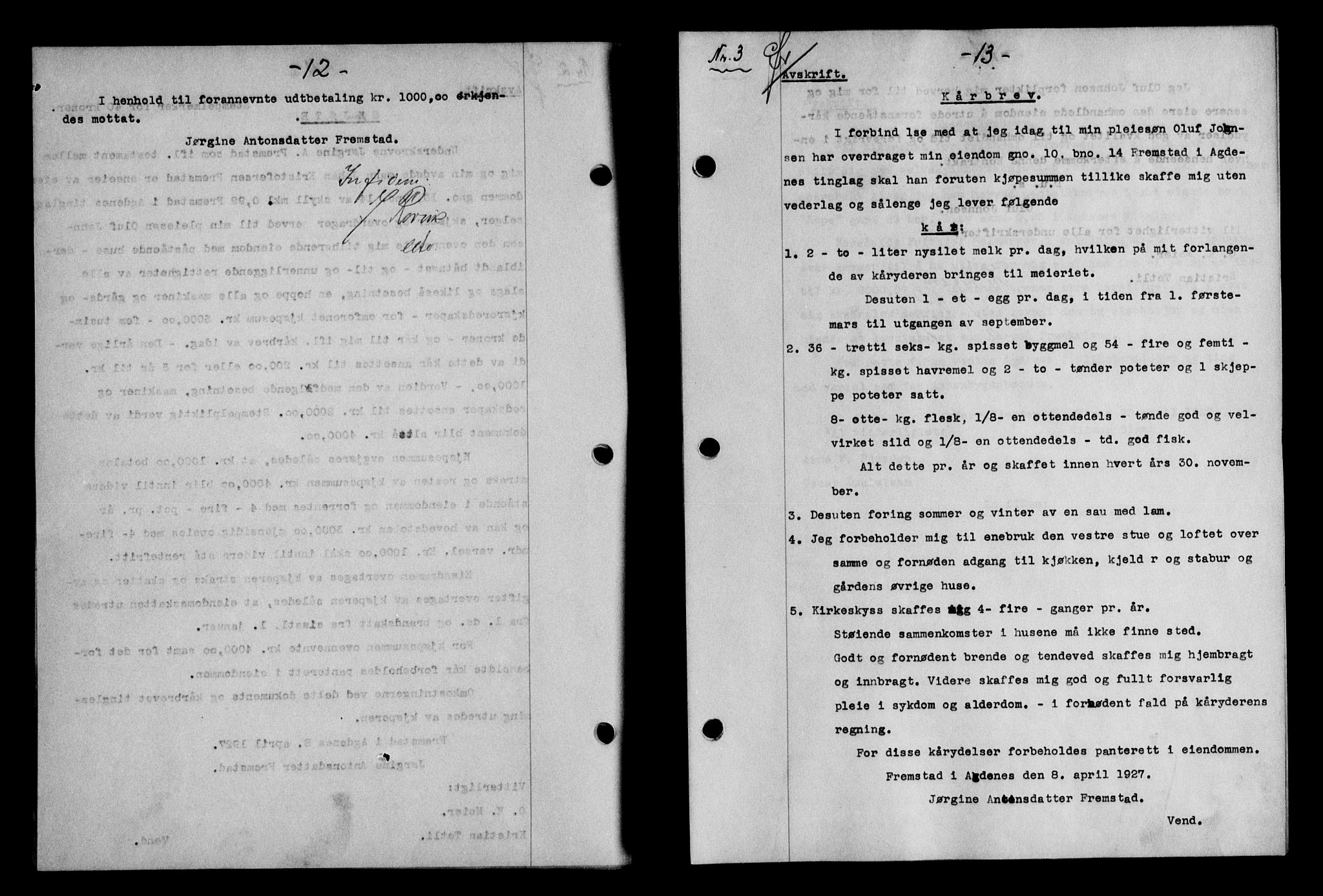 Hitra sorenskriveri, AV/SAT-A-0018/2/2C/2Ca/L0008: Pantebok nr. 8, 1927-1927, s. 12-13