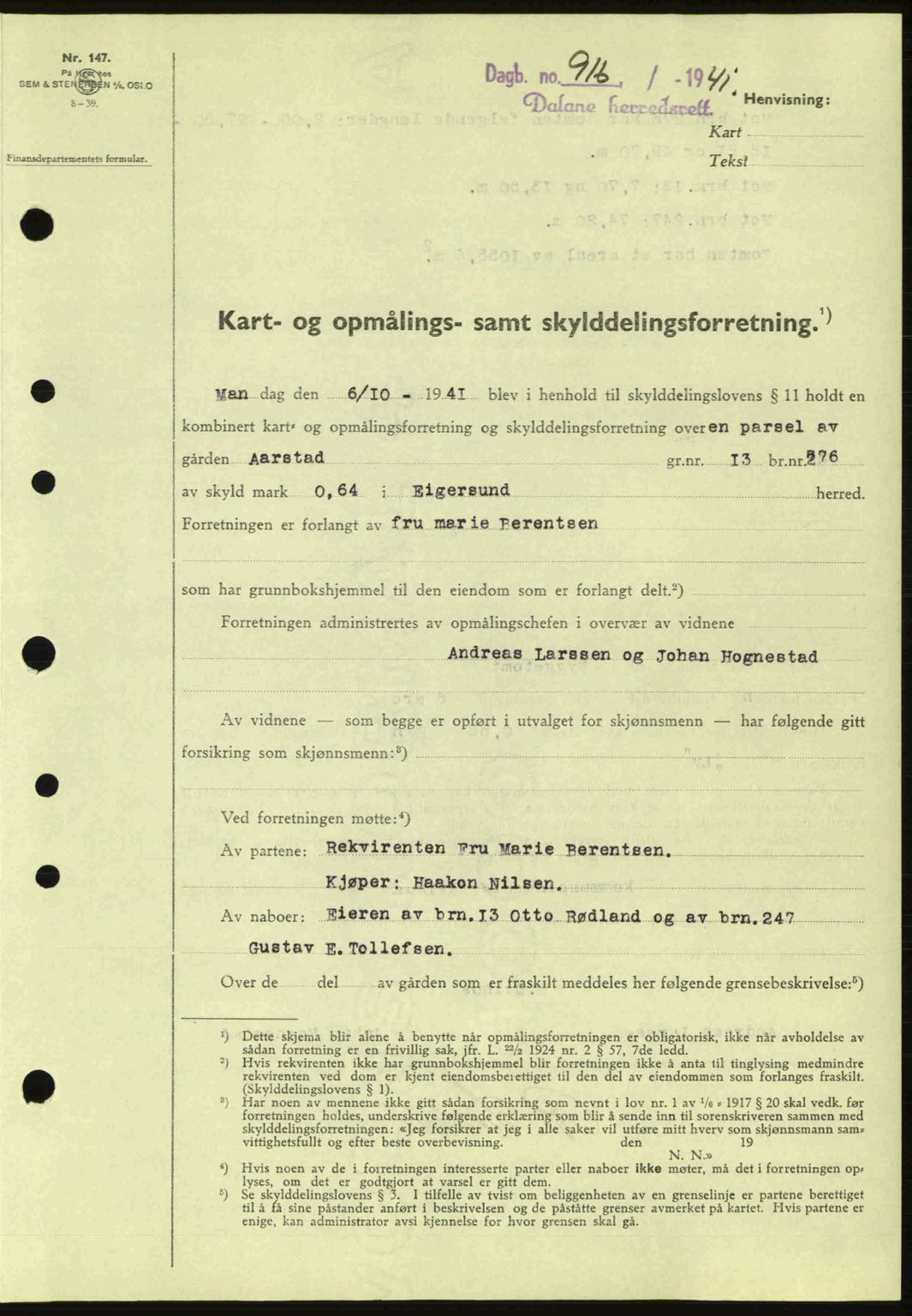Dalane sorenskriveri, SAST/A-100309/02/G/Gb/L0045: Pantebok nr. A6, 1941-1942, Dagboknr: 916/1941