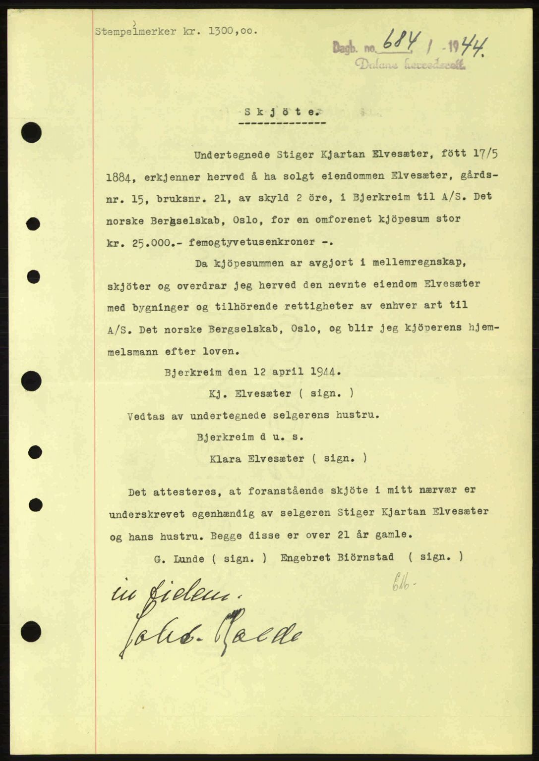 Dalane sorenskriveri, SAST/A-100309/02/G/Gb/L0047: Pantebok nr. A8 I, 1944-1945, Dagboknr: 684/1944