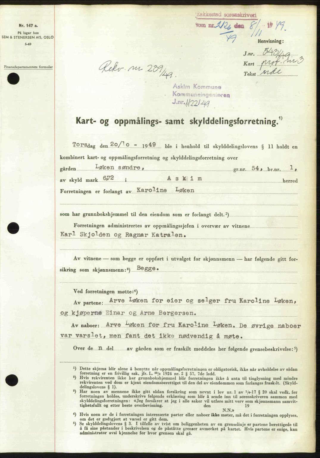 Rakkestad sorenskriveri, SAO/A-10686/G/Gb/Gba/Gbab/L0019: Pantebok nr. A19, 1949-1950, Dagboknr: 2126/1949