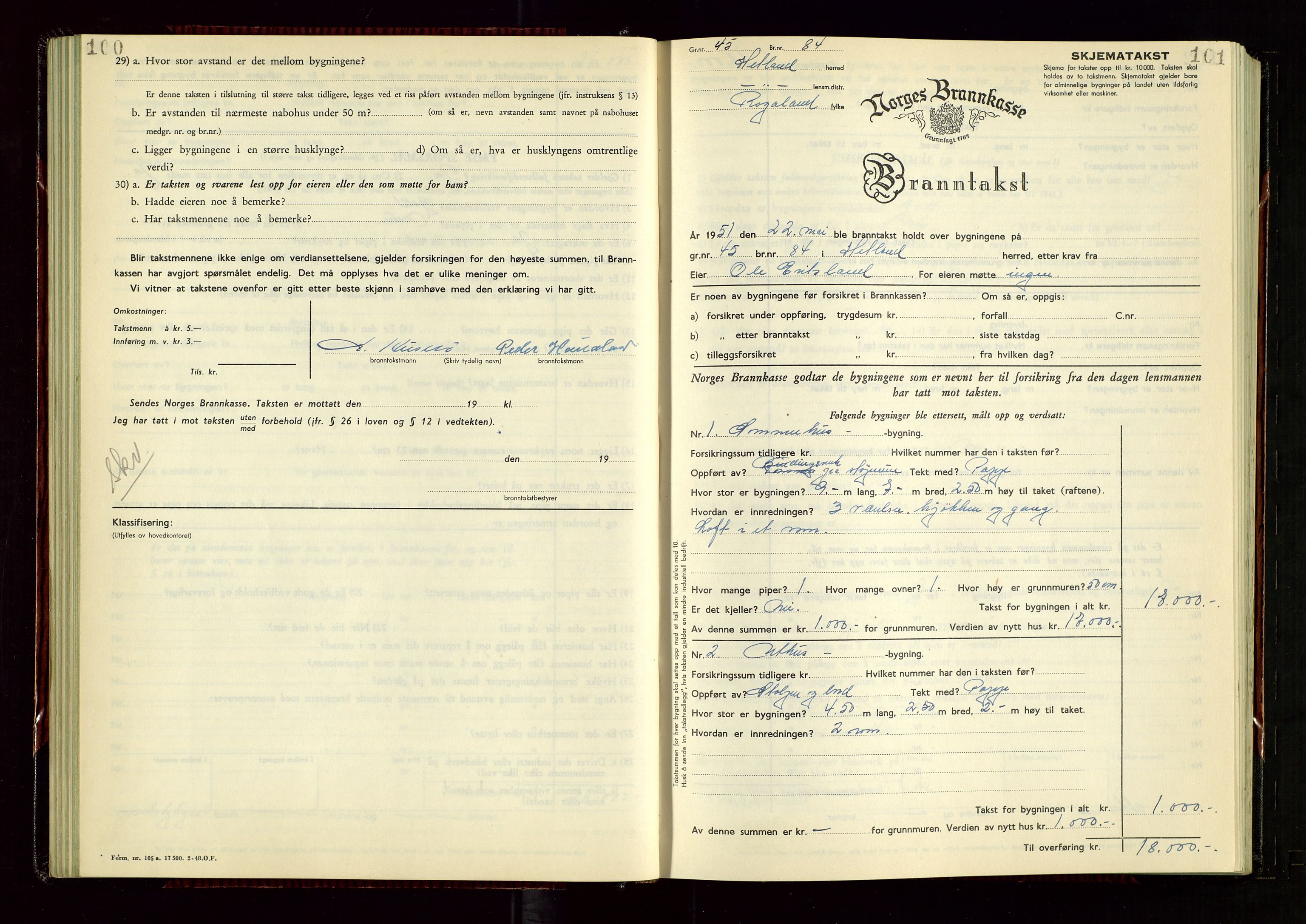 Hetland lensmannskontor, SAST/A-100101/Gob/L0008: "Branntakstprotokoll", 1949-1953, s. 100-101