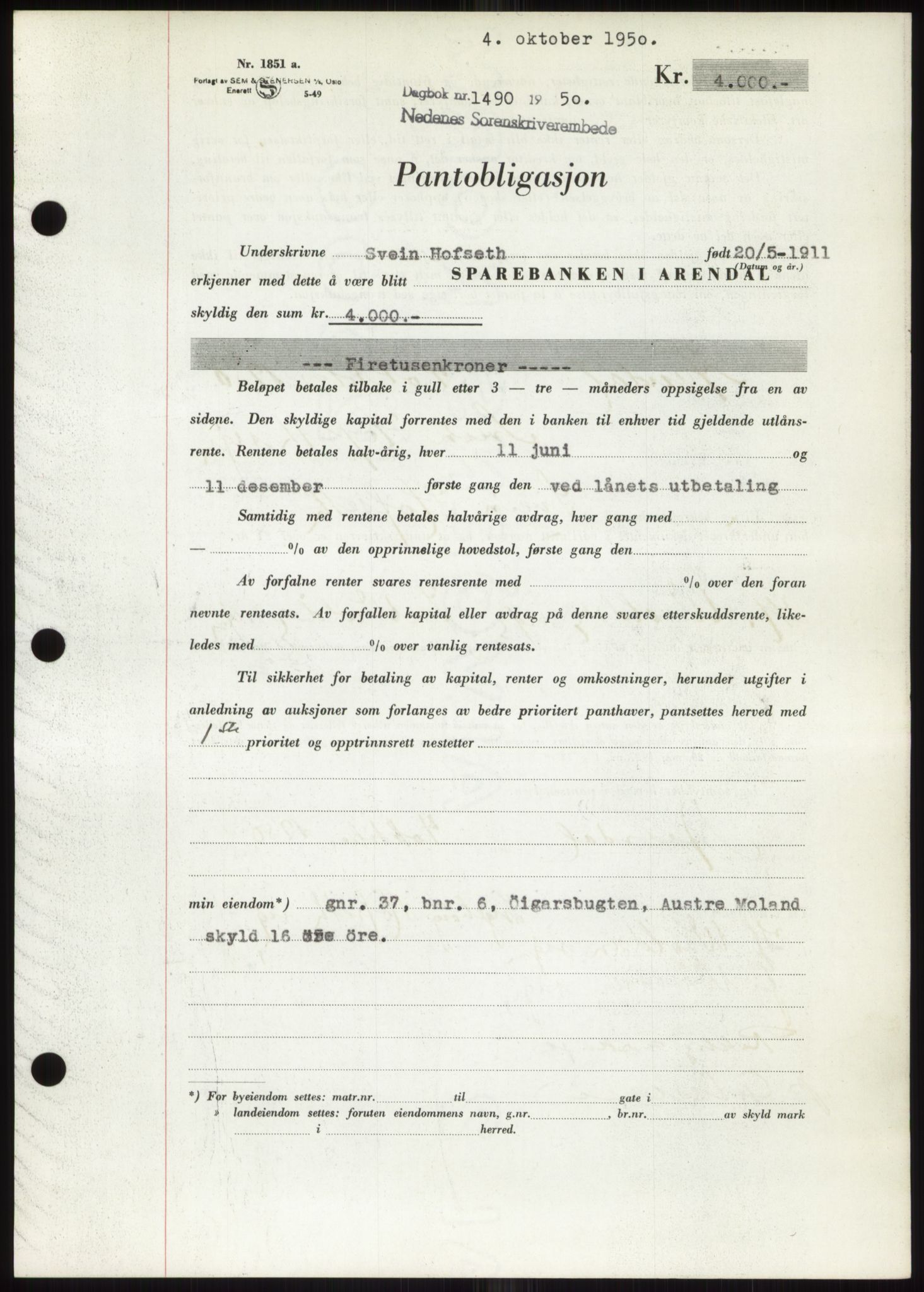 Nedenes sorenskriveri, AV/SAK-1221-0006/G/Gb/Gbb/L0008: Pantebok nr. B8, 1950-1950, Dagboknr: 1490/1950