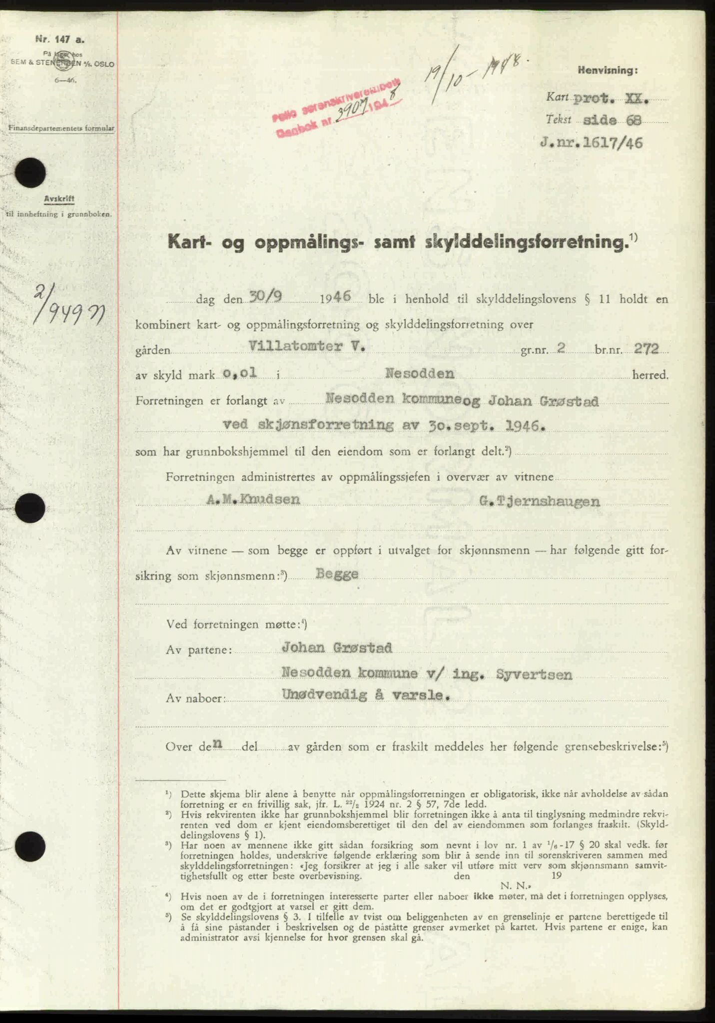 Follo sorenskriveri, SAO/A-10274/G/Ga/Gaa/L0085: Pantebok nr. I 85, 1948-1948, Dagboknr: 3907/1948