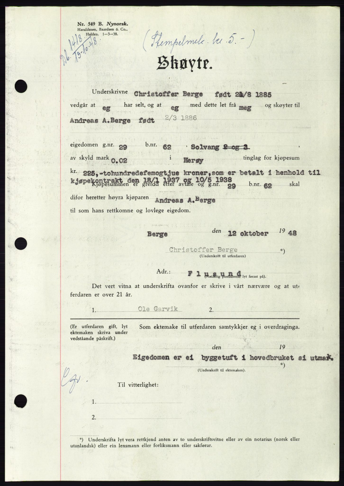 Søre Sunnmøre sorenskriveri, AV/SAT-A-4122/1/2/2C/L0083: Pantebok nr. 9A, 1948-1949, Dagboknr: 1418/1948