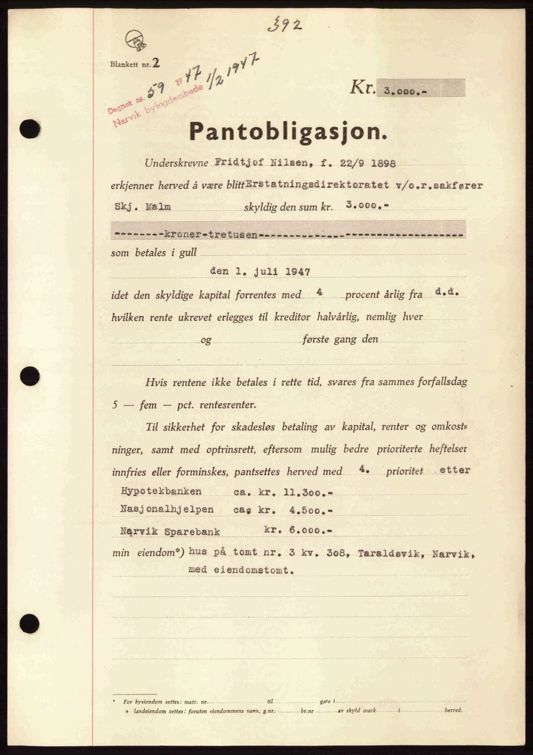 Narvik sorenskriveri, SAT/A-0002/1/2/2C/2Ca: Pantebok nr. A21, 1946-1947, Dagboknr: 59/1947