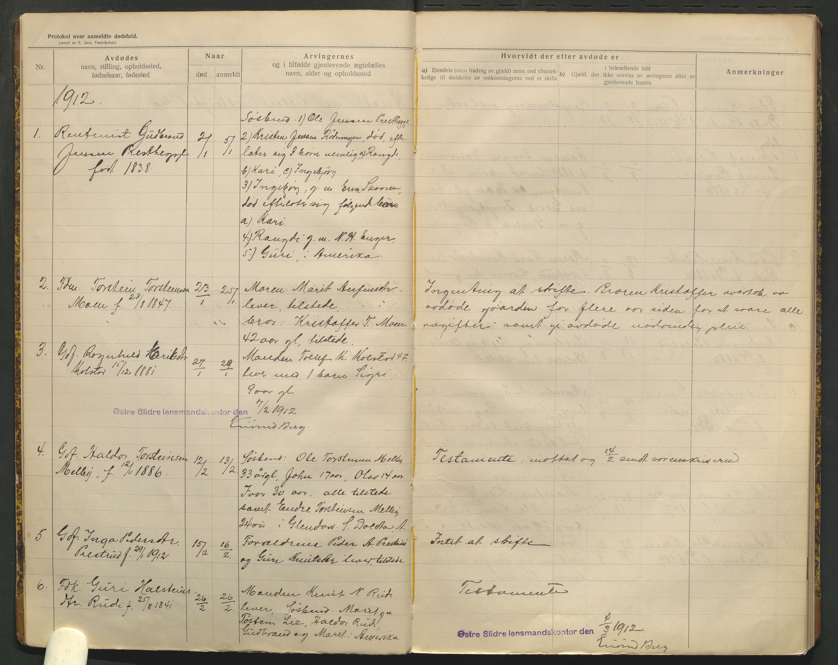 Øystre Slidre lensmannskontor, AV/SAH-LOØ-018/H/Ha/Haa/L0001/0002: Dødsfallsprotokoller / Dødsfallsprotokoll, 1911-1919