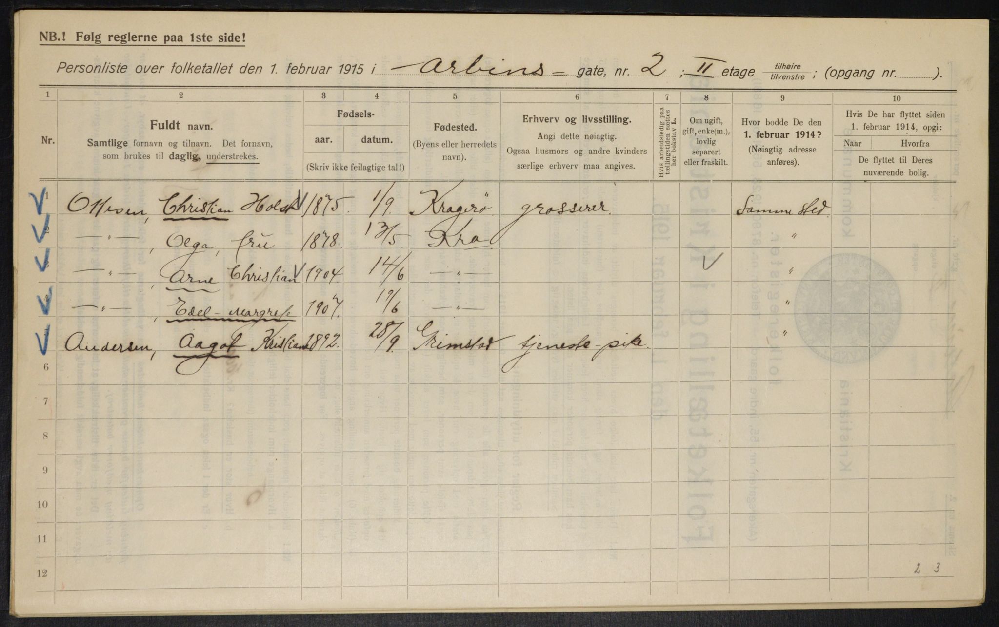 OBA, Kommunal folketelling 1.2.1915 for Kristiania, 1915, s. 1487