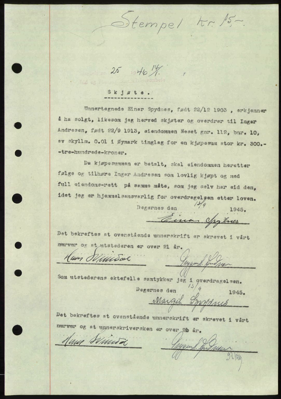 Idd og Marker sorenskriveri, AV/SAO-A-10283/G/Gb/Gbb/L0008: Pantebok nr. A8, 1946-1946, Dagboknr: 25/1946