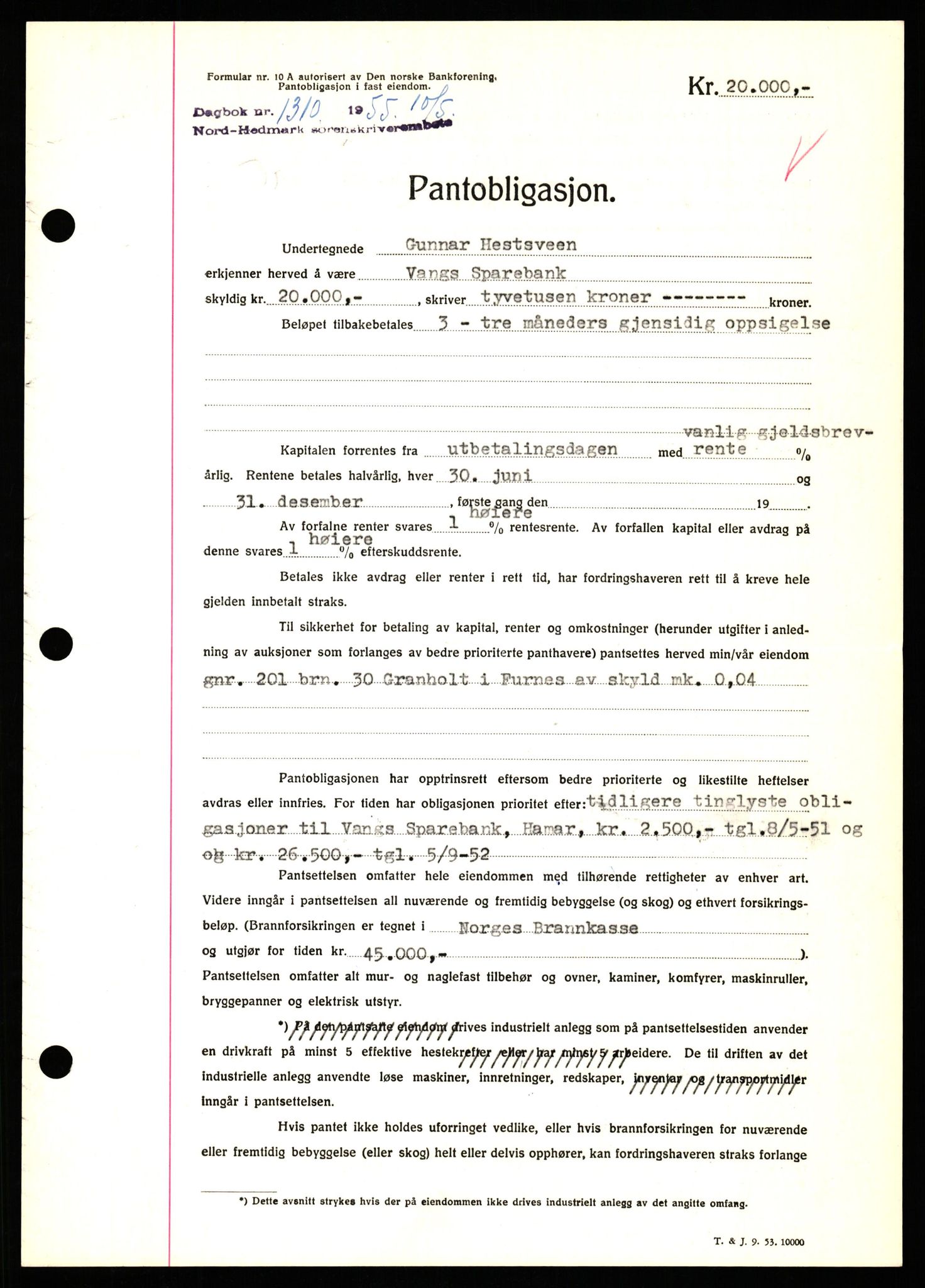 Nord-Hedmark sorenskriveri, SAH/TING-012/H/Hb/Hbf/L0032: Pantebok nr. B32, 1955-1955, Dagboknr: 1310/1952