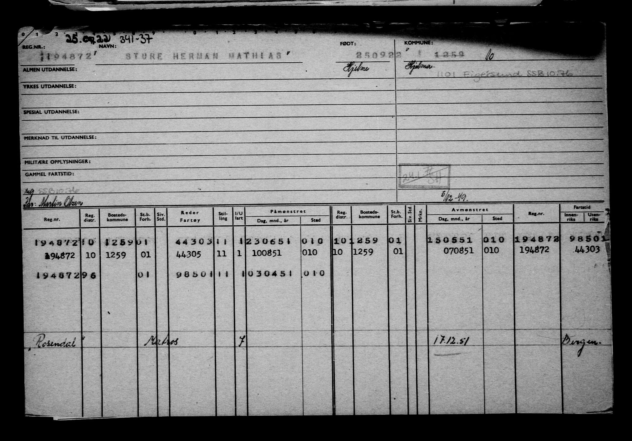 Direktoratet for sjømenn, RA/S-3545/G/Gb/L0210: Hovedkort, 1922, s. 836