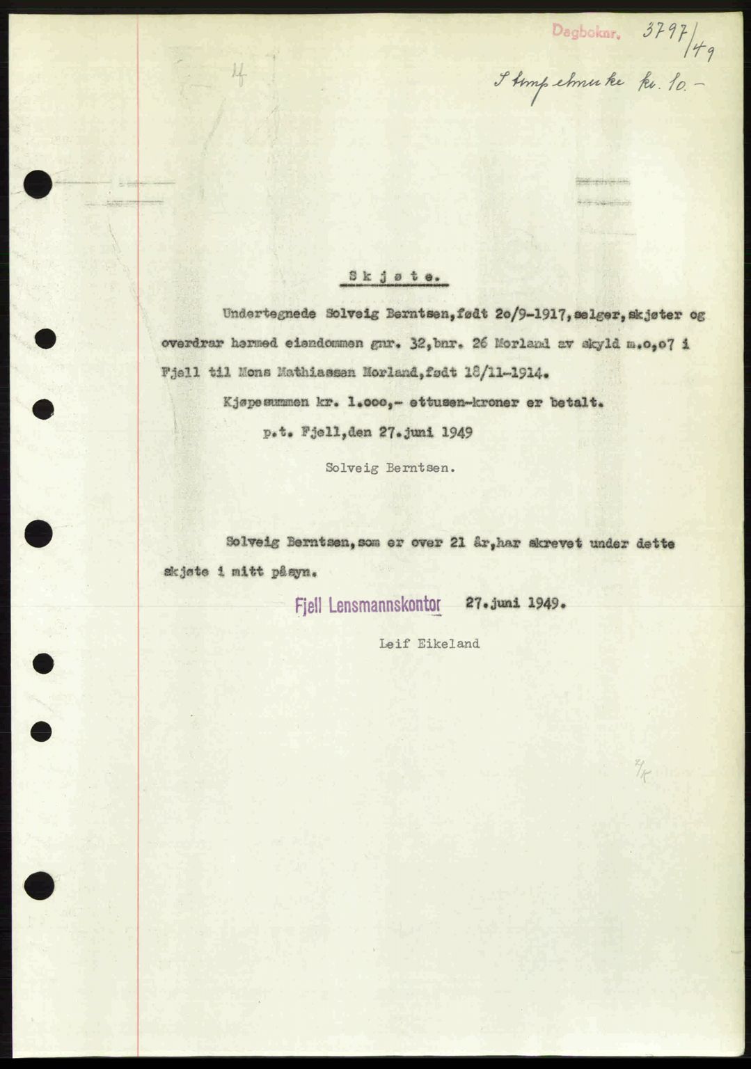 Midhordland sorenskriveri, SAB/A-3001/1/G/Gb/Gbh/L0032: Pantebok nr. A62-63, 1949-1949, Dagboknr: 3797/1949