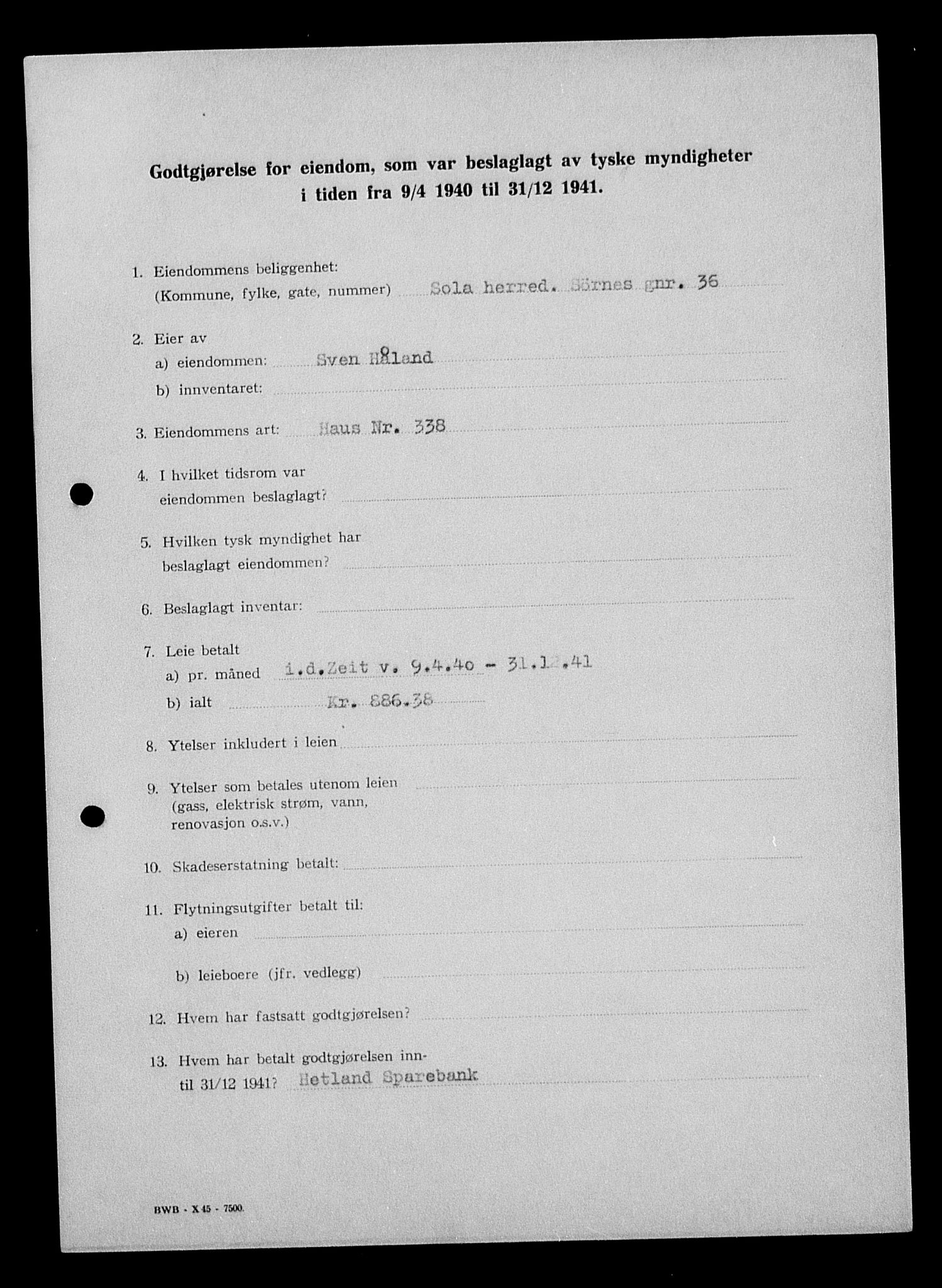 Justisdepartementet, Tilbakeføringskontoret for inndratte formuer, AV/RA-S-1564/I/L1014: Godtgjørelse for beslaglagt eiendom, 1940-1941, s. 360