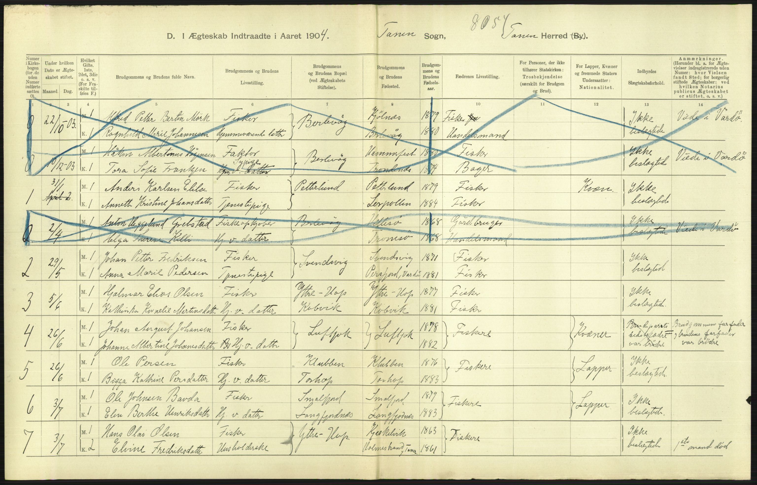 Statistisk sentralbyrå, Sosiodemografiske emner, Befolkning, AV/RA-S-2228/D/Df/Dfa/Dfab/L0023: Finnmarkens amt: Fødte, gifte, døde, 1904, s. 171