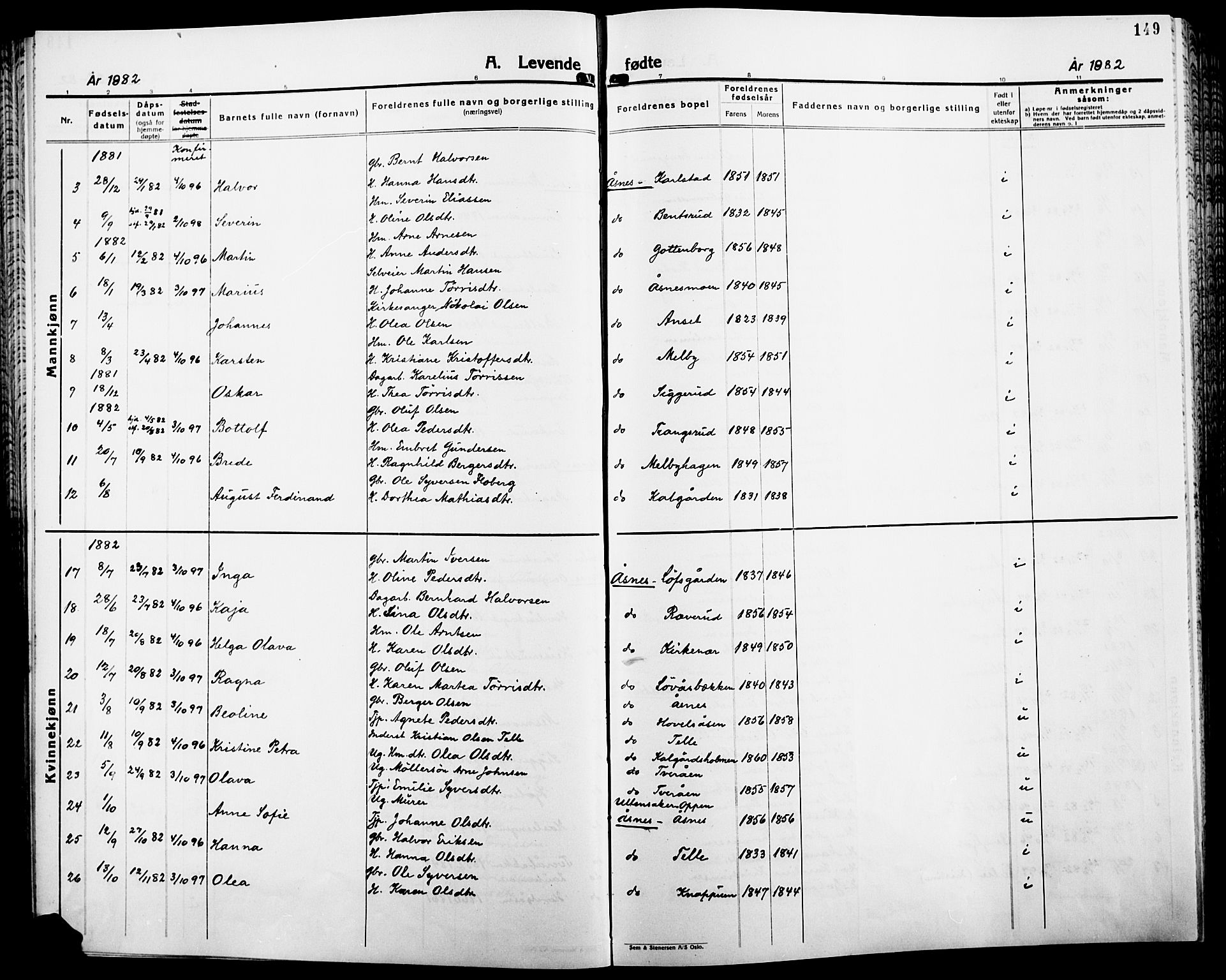 Åsnes prestekontor, AV/SAH-PREST-042/H/Ha/Haa/L0000B: Ministerialbok, 1870-1889, s. 149