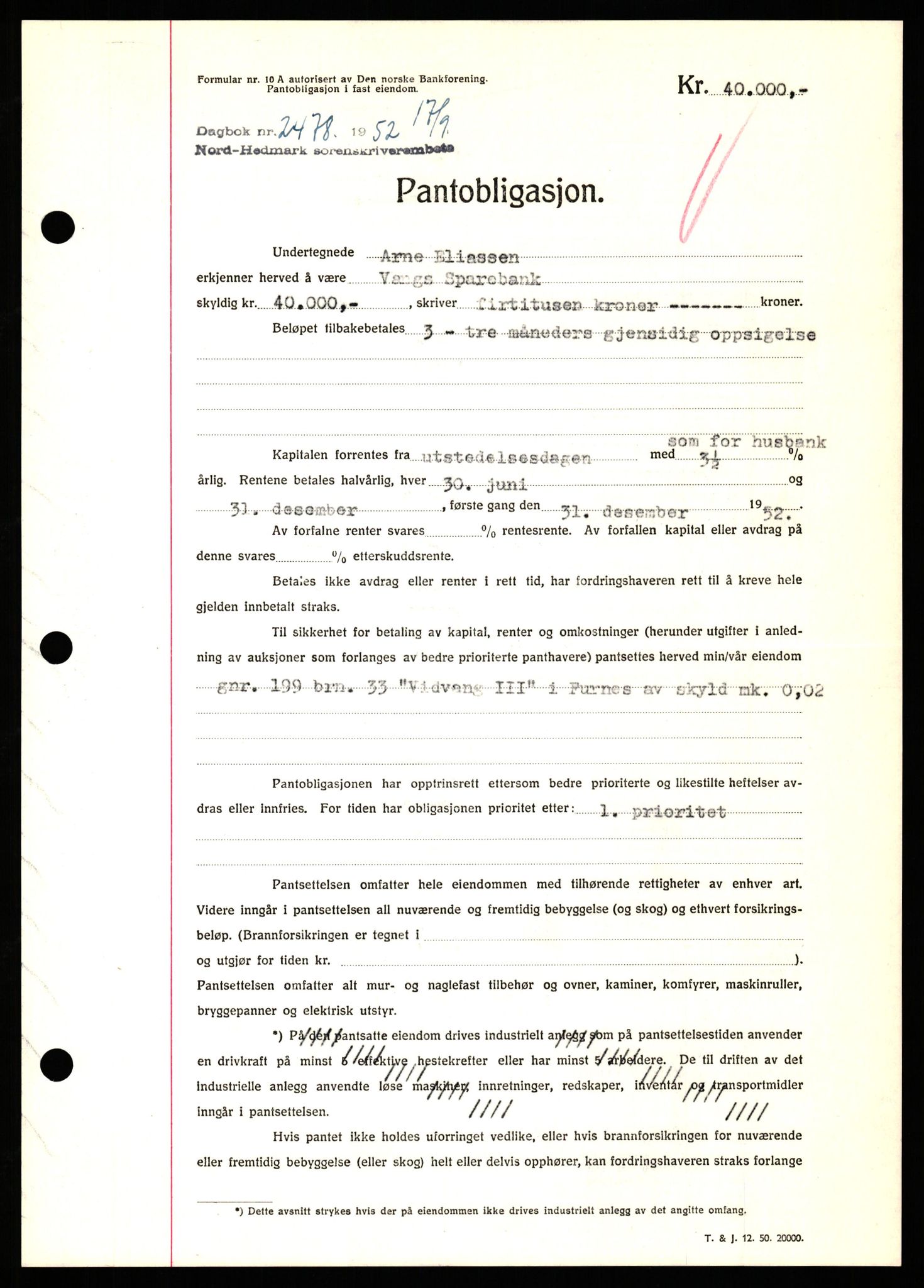 Nord-Hedmark sorenskriveri, SAH/TING-012/H/Hb/Hbf/L0025: Pantebok nr. B25, 1952-1952, Dagboknr: 2478/1952