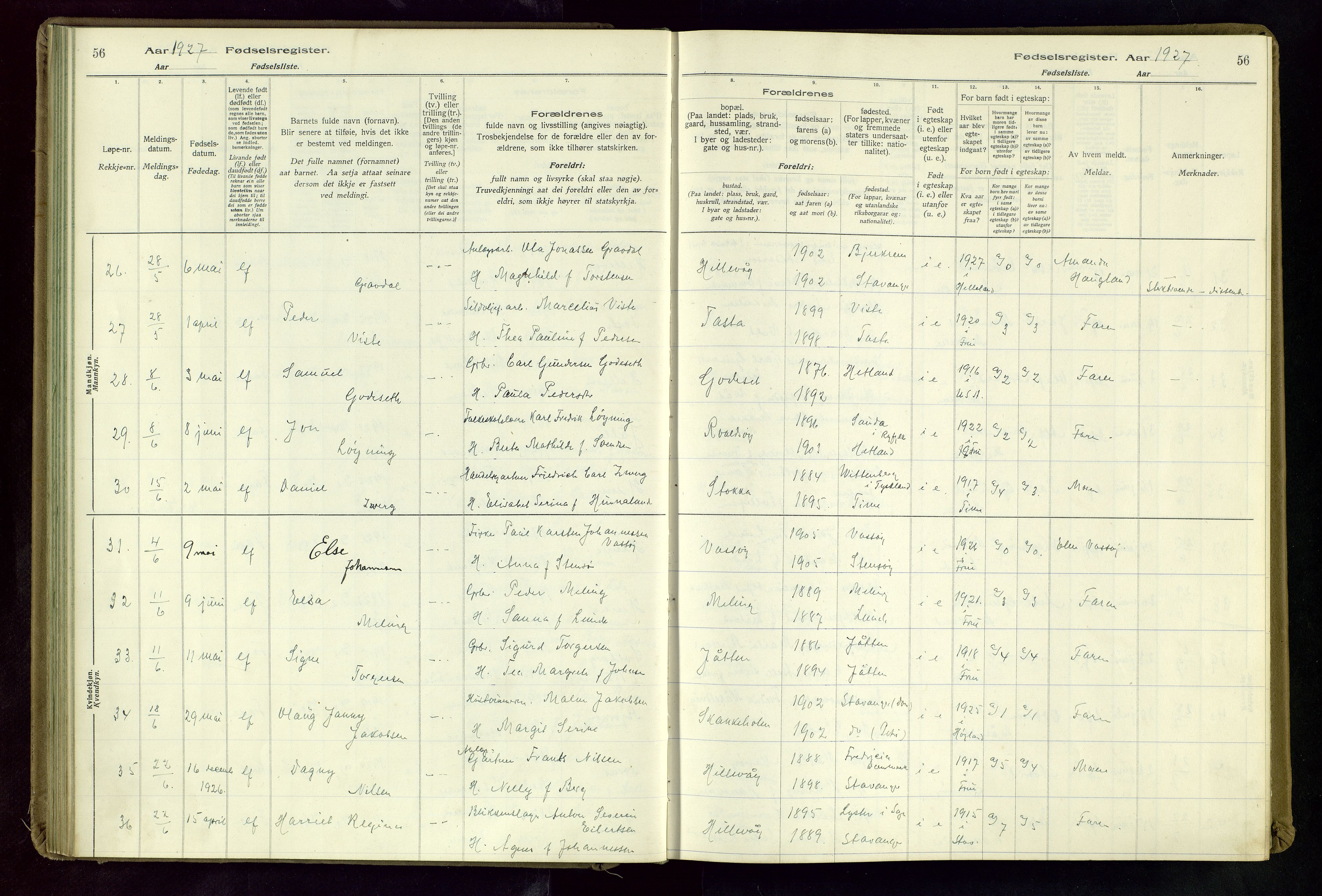 Hetland sokneprestkontor, AV/SAST-A-101826/70/704BA/L0004: Fødselsregister nr. 4, 1923-1937, s. 56