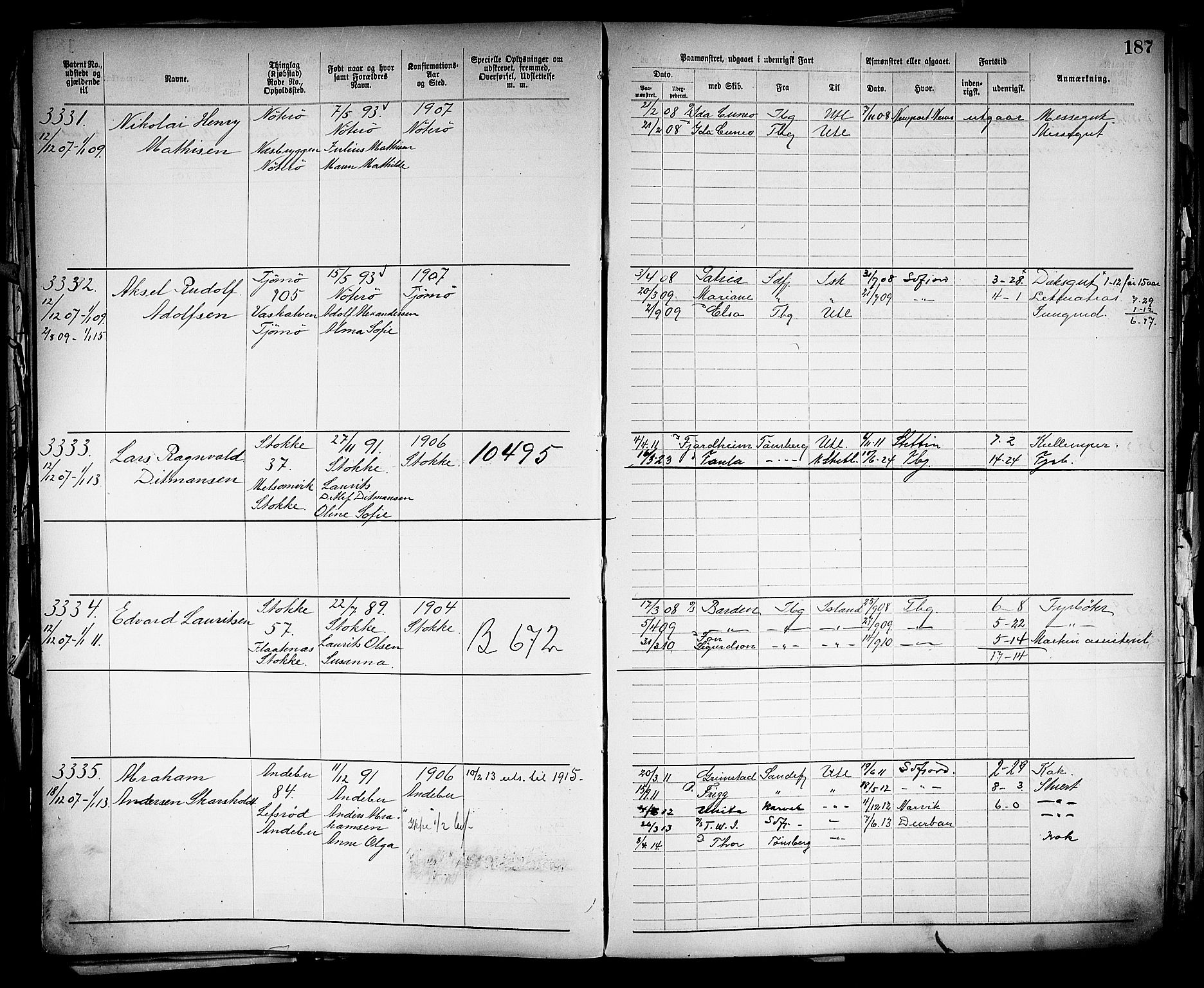 Tønsberg innrulleringskontor, SAKO/A-786/F/Fb/L0005: Annotasjonsrulle Patent nr. 2401-4080, 1904-1910, s. 190